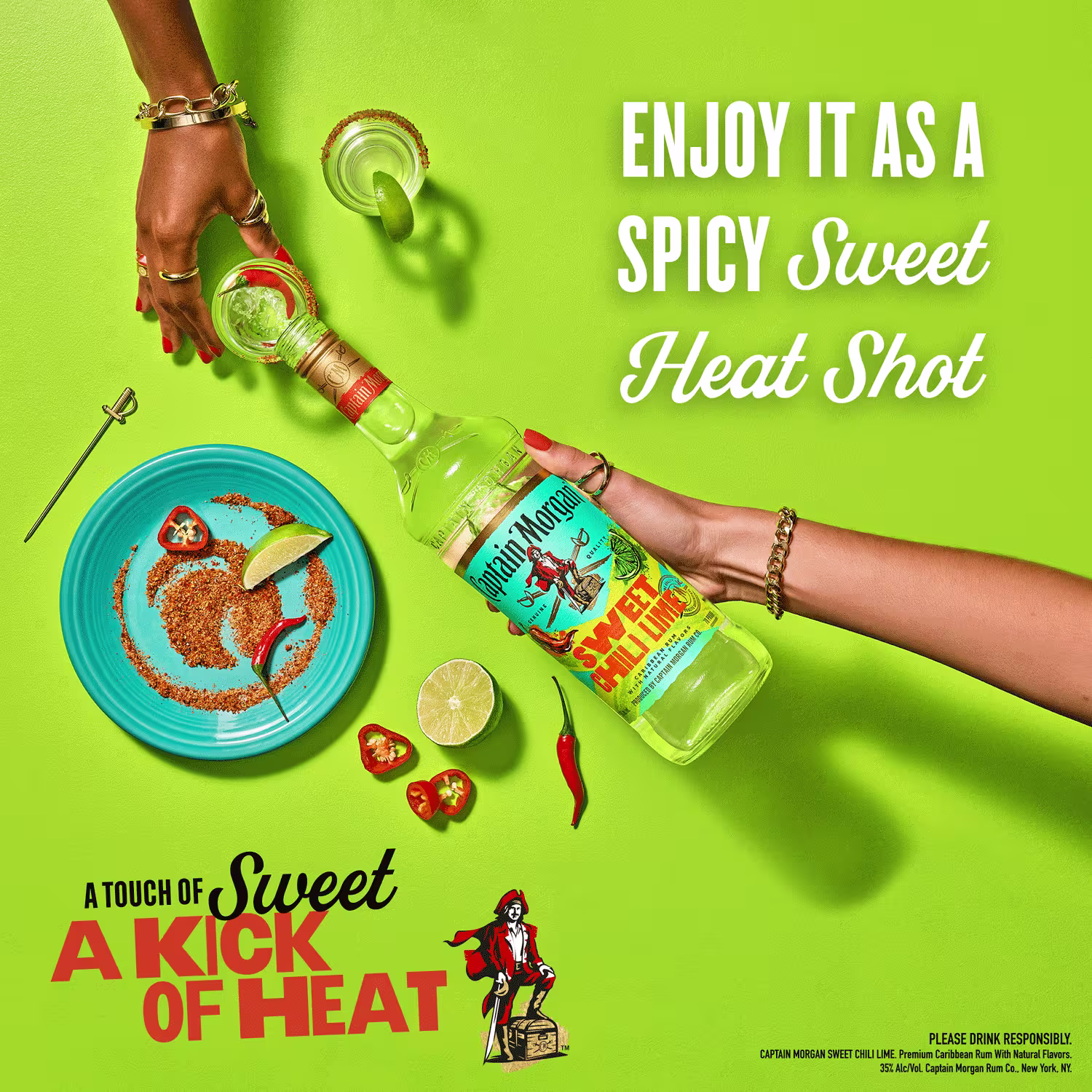 Two hands prepare a spicy shot with Captain Morgan Sliced Apple, lime, chili, and cinnamon on a green background; text promotes a sweet and spicy heat shot.