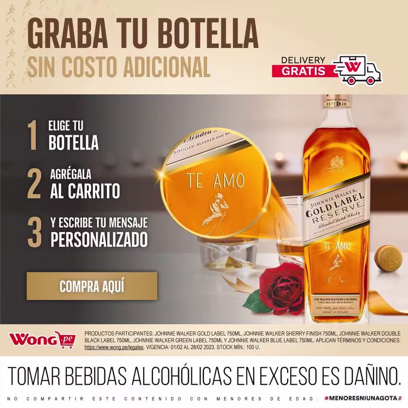 La imagen muestra una botella del whisky Johnnie Walker Gold Label Reserve junto a un mensaje grabado que dice "Te amo", así como los pasos a seguir para pedirlo en línea.