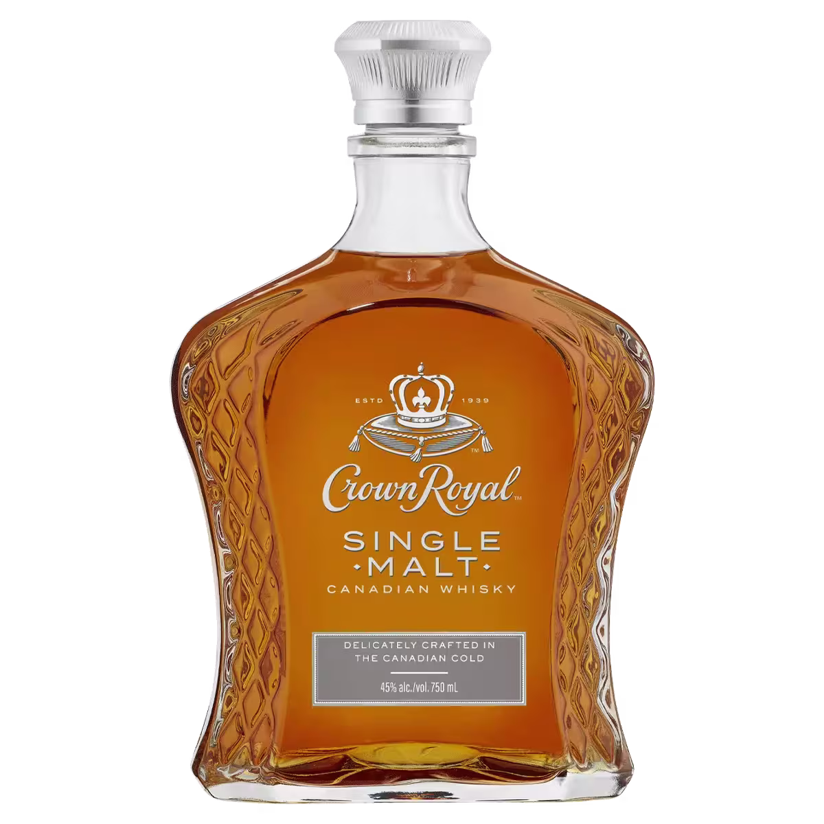 A clear glass bottle of Crown Royal Single Malt Canadian Whisky with a diamond-patterned design and gold liquid inside, labeled 750 ml and 45% alc/vol.