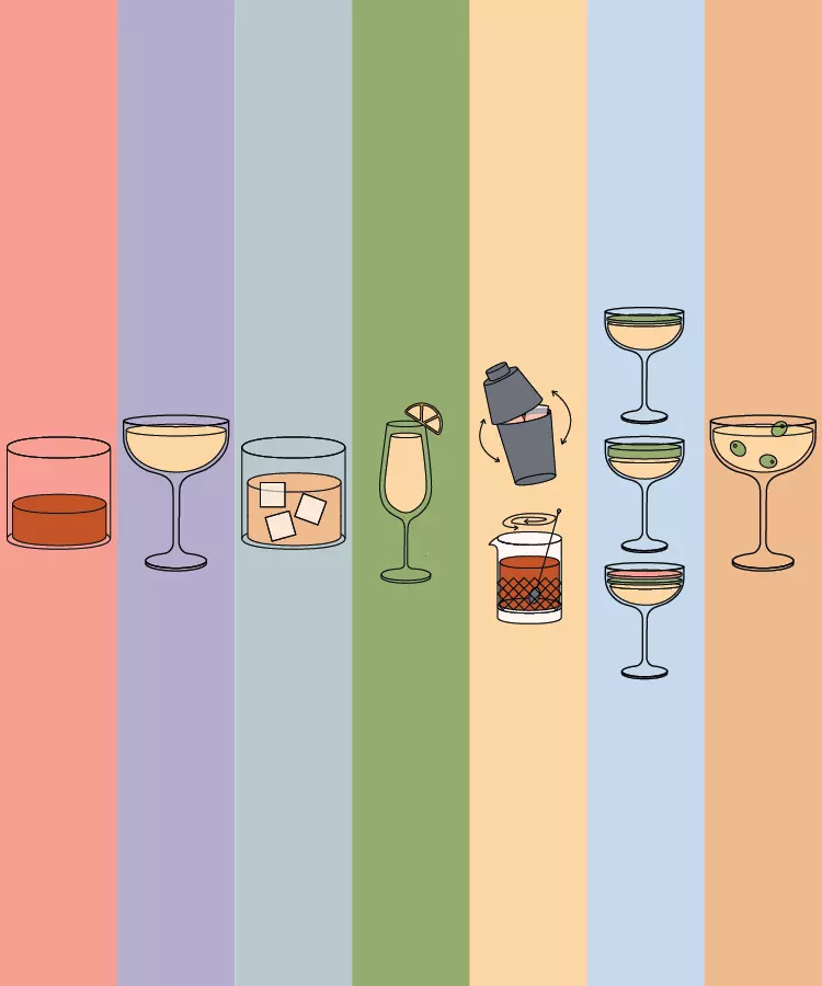 Illustration of various cocktail glasses and drinks on vertical pastel-colored stripes, featuring a shaker, garnishes, and different glassware styles.