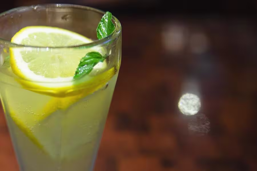 A glass of lemonade with lemon slices and a sprig of mint, placed on a brown surface.