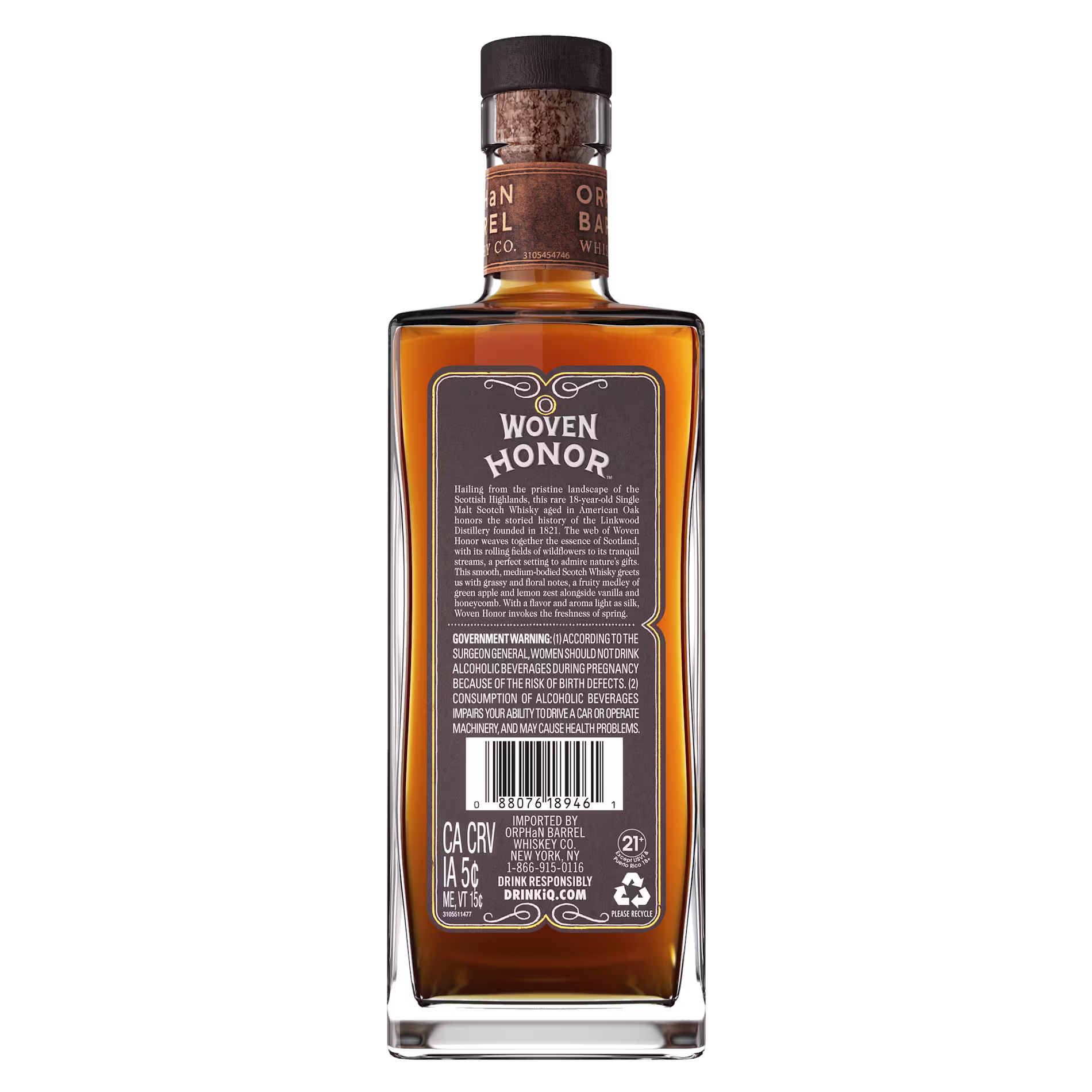 Back view of a rectangular whiskey bottle with a cork stopper, showing the label details, government warning, and recycling information.