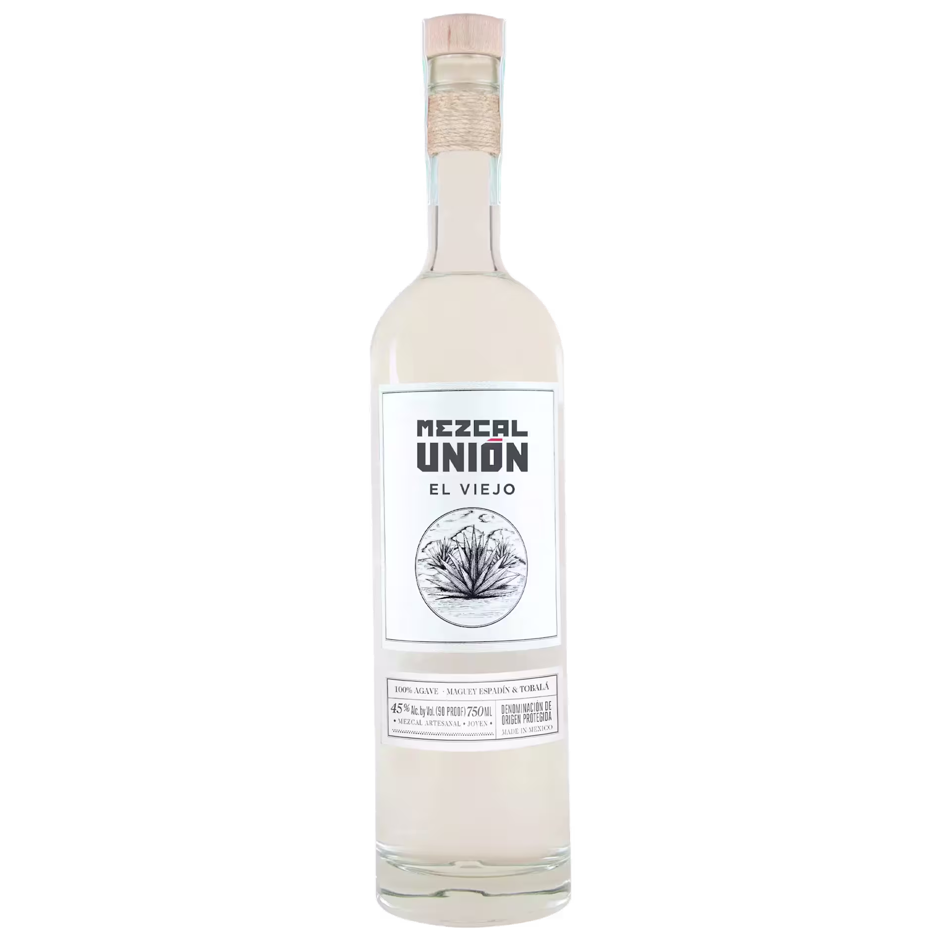 A clear glass bottle of Mezcal Union El Viejo with a white label featuring black text and an agave illustration, sealed with a cork stopper.