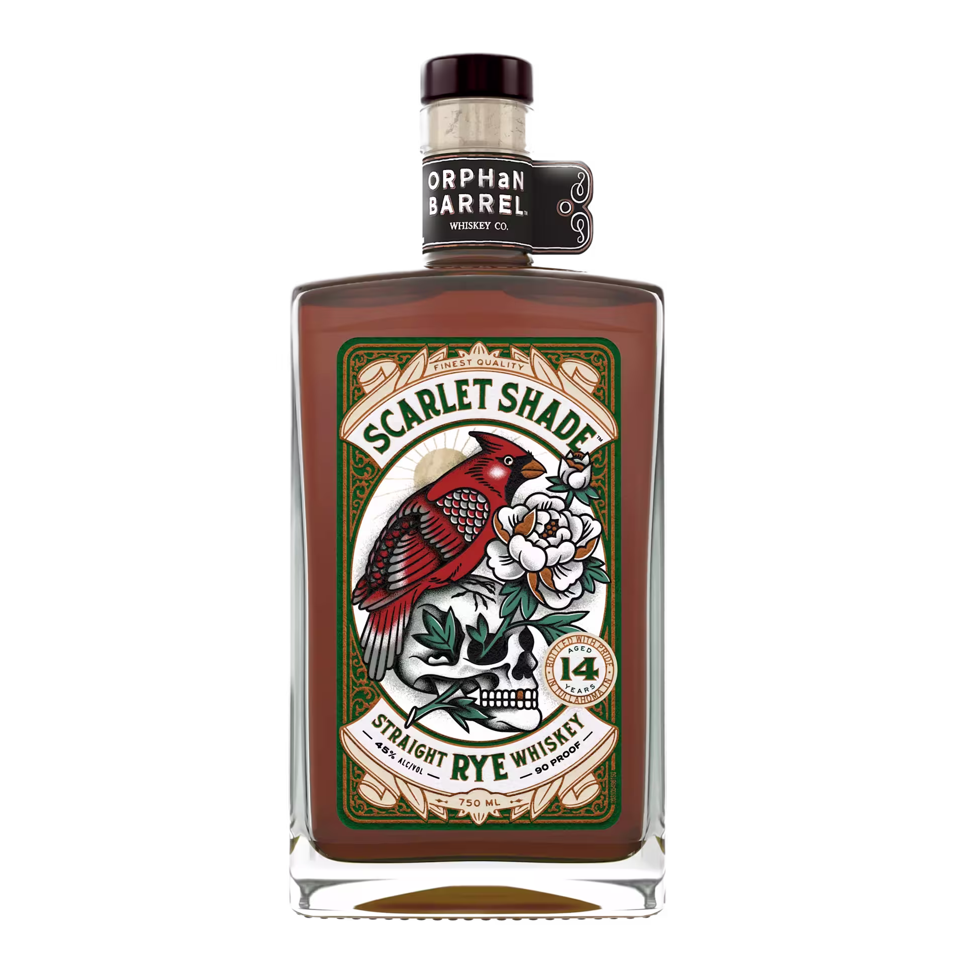 A bottle of Orphan Barrel Scarlet Shade 14-year-old straight rye whiskey featuring a label with a red bird, white flowers, and a skull illustration.