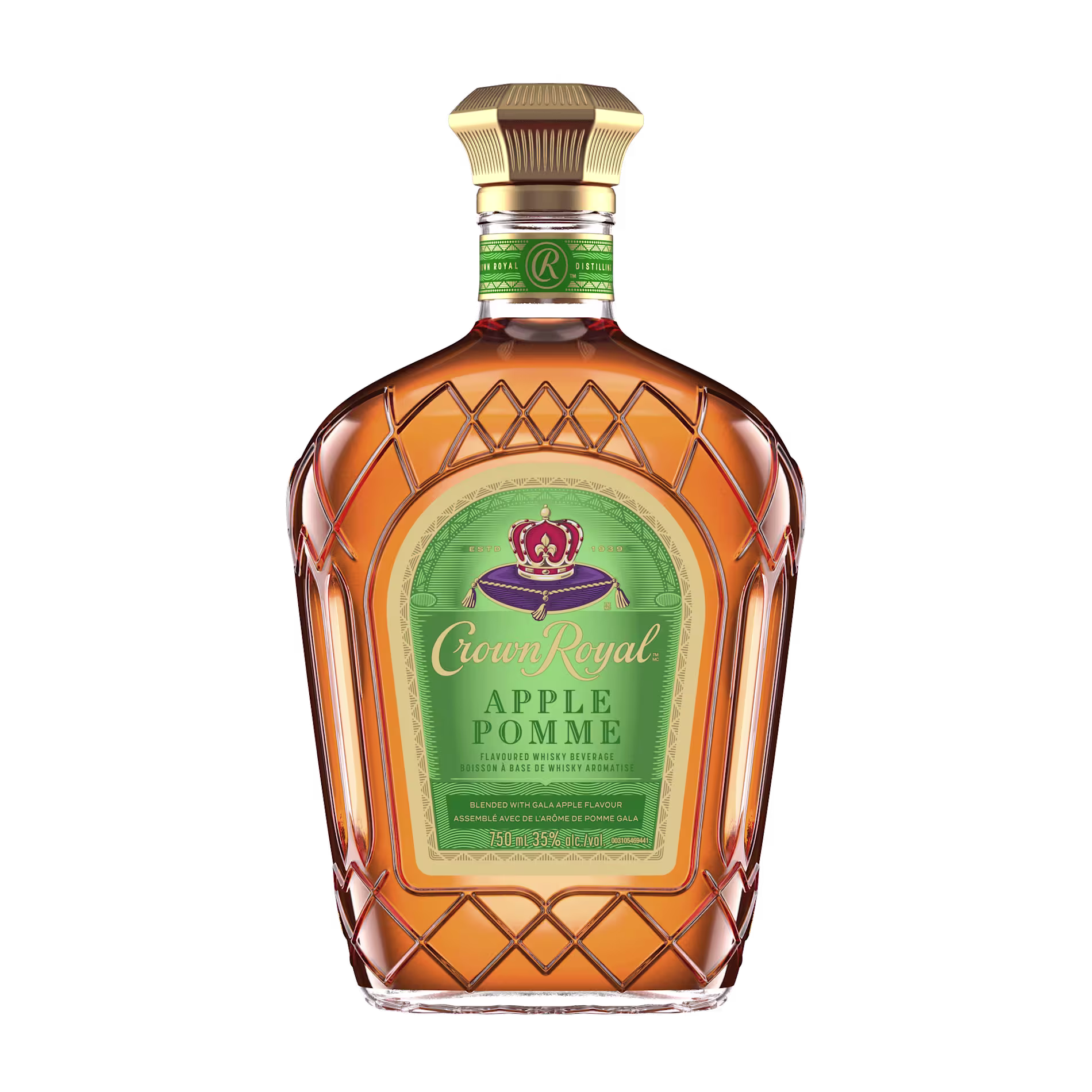 A 750ml bottle of Crown Royal Apple whisky with a green label and gold cap, featuring a decorative glass design.