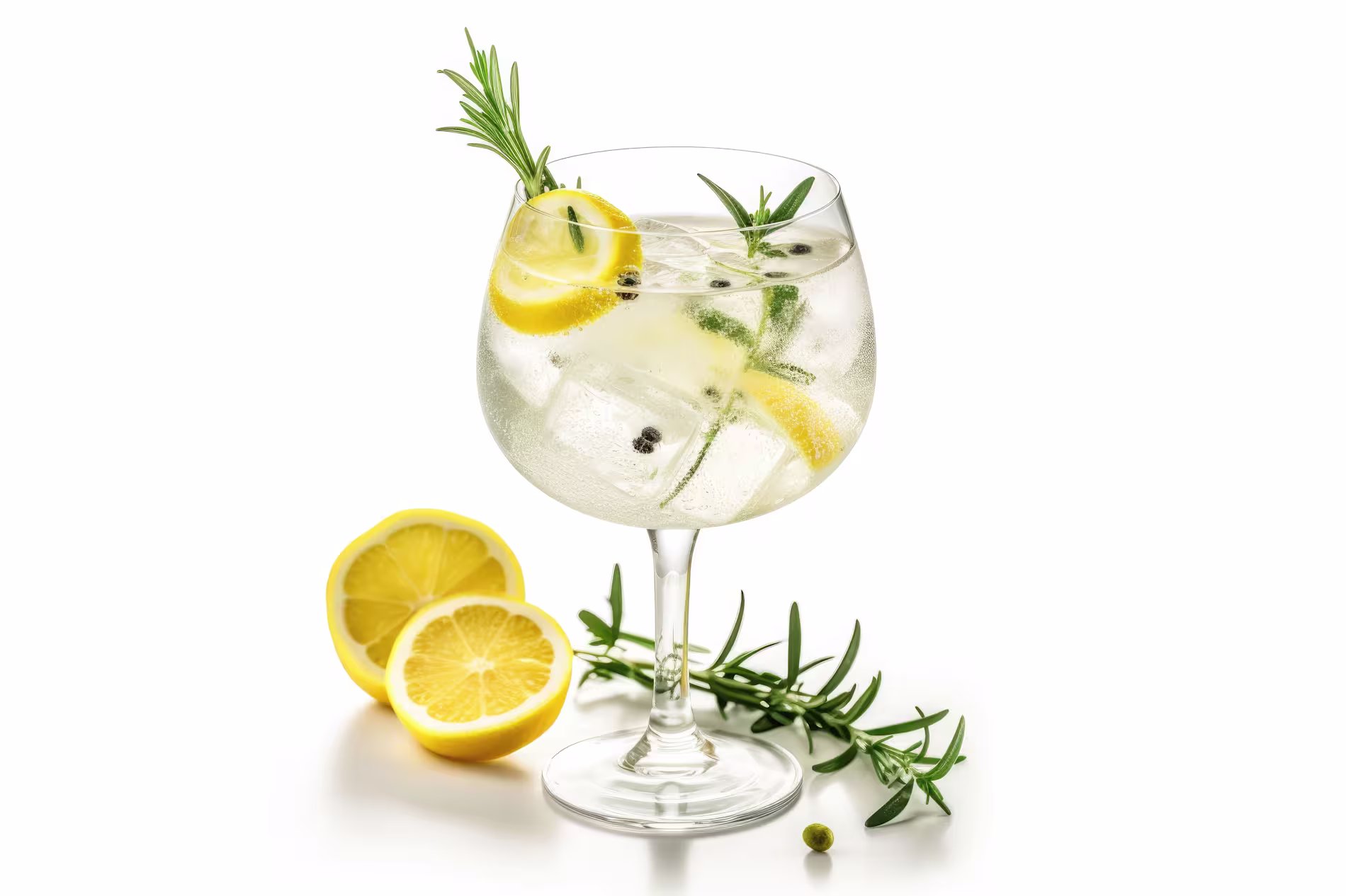 A gin and tonic cocktail with ice, lemon slices, juniper berries, and a sprig of rosemary in a glass, next to halved lemon and rosemary on a white background.