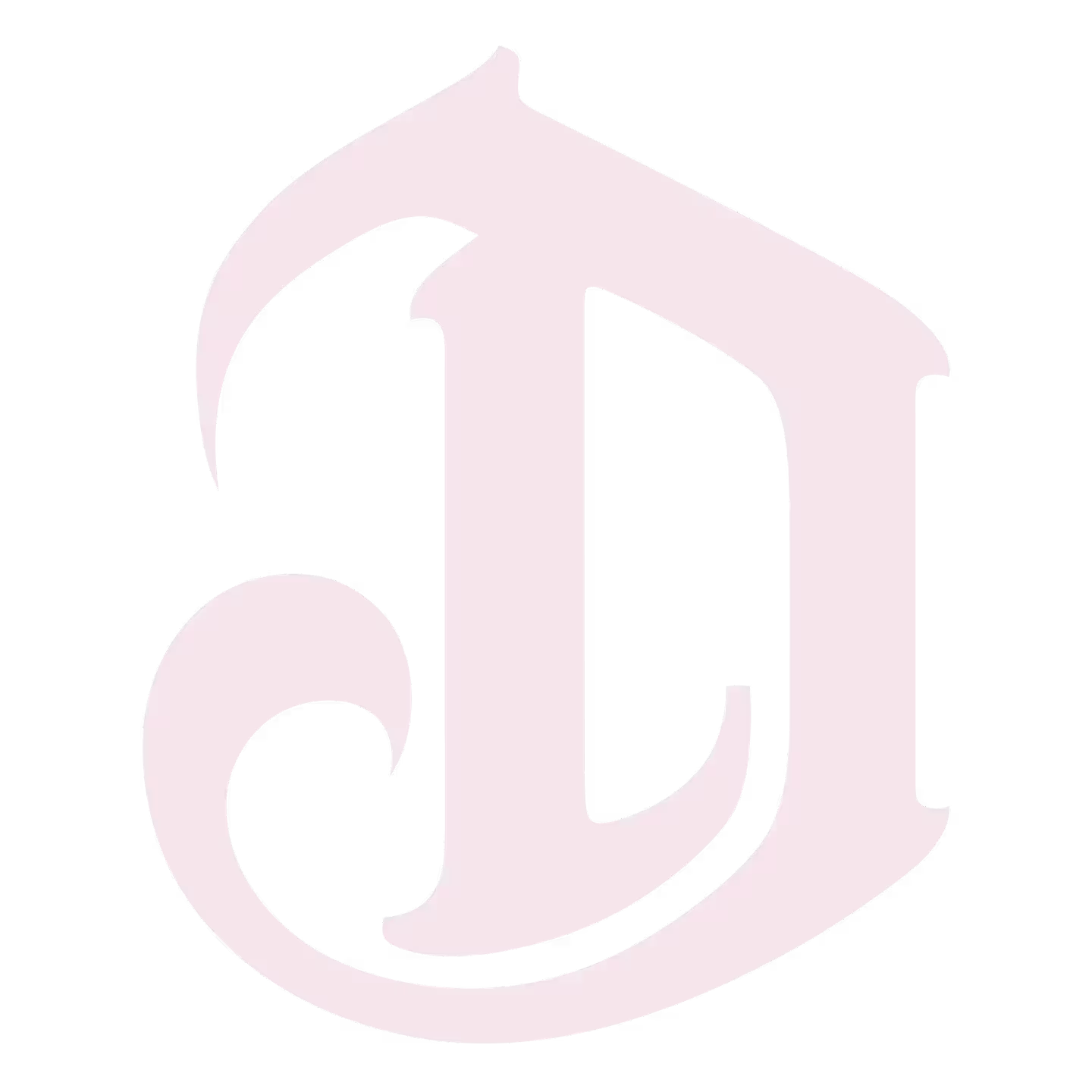 A stylized, light pink letter D in a decorative, Gothic-inspired font on a white background.