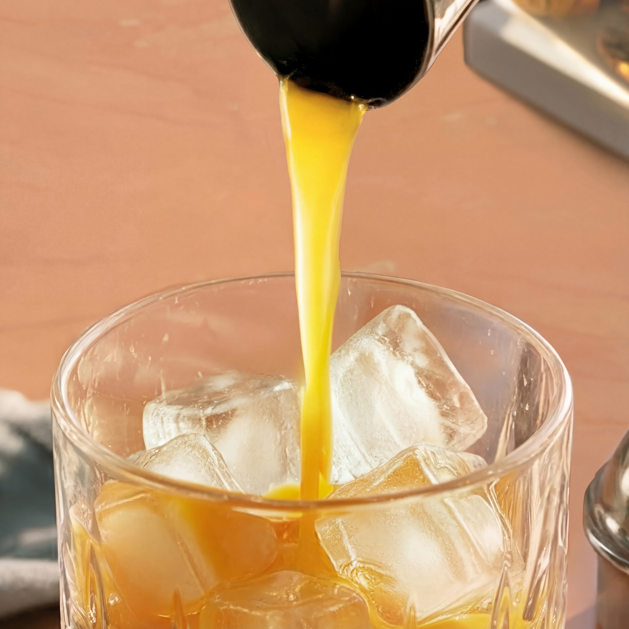 Adding Porn Star Martini liquids into a cocktail shaker