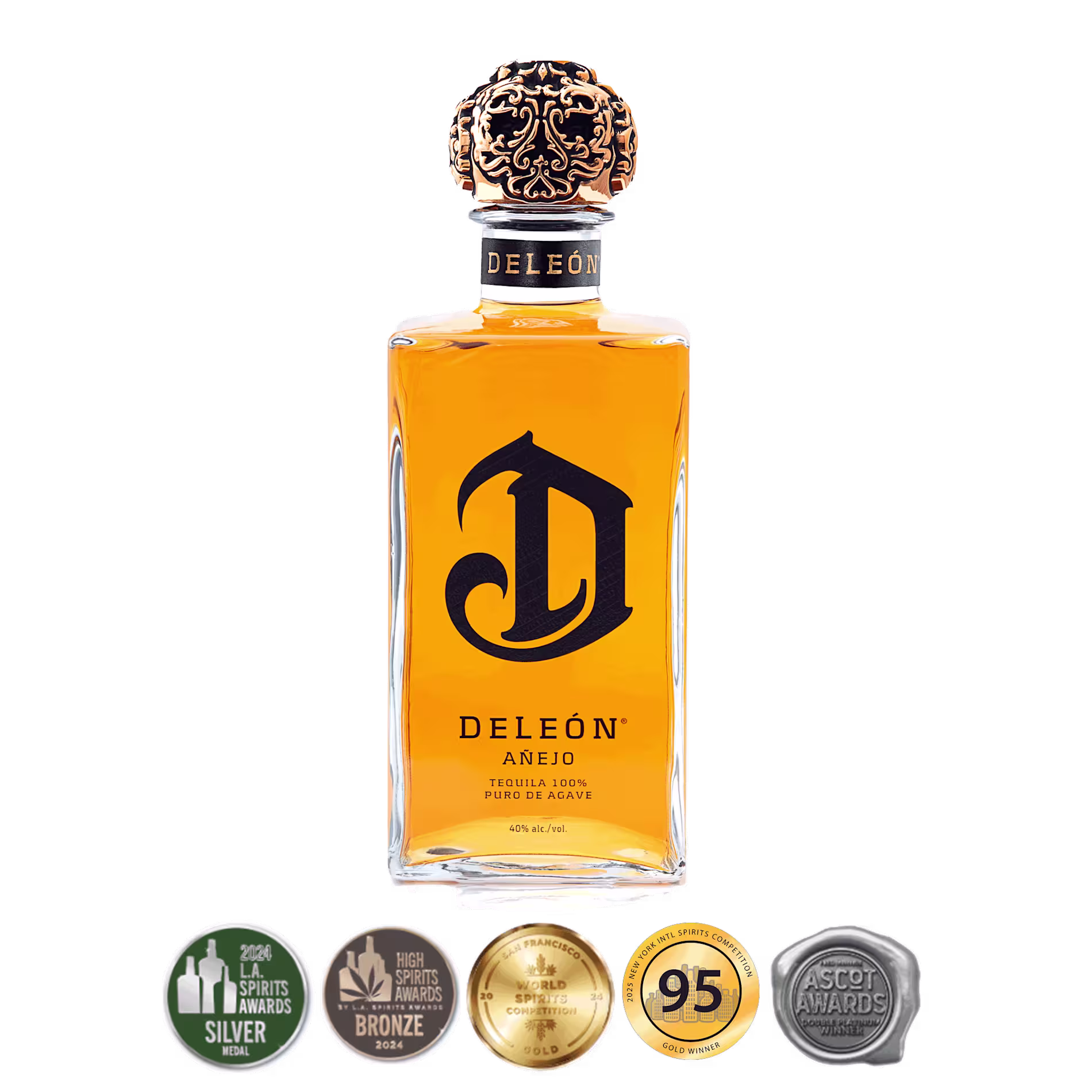 A bottle of DeLeón Añejo Tequila with a decorative cap, centered in front of five award medals displayed at the bottom.