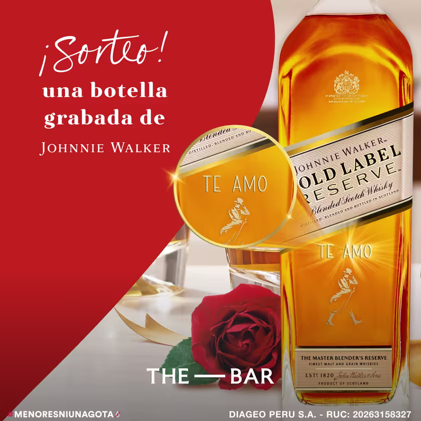La imagen muestra un cartel con el mensaje "Regala una botella grabada de Johnnie Walker", acompañada de una botella de whisky Johnnie Walker Gold Label Reserve.