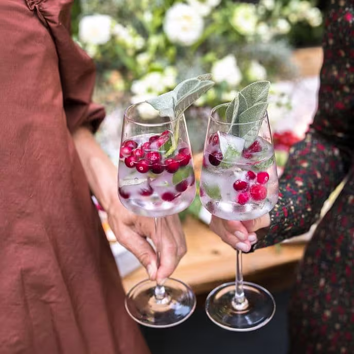 Two people holding non-alcoholic cocktails in wine glasses garnished with cranberries and fresh sage