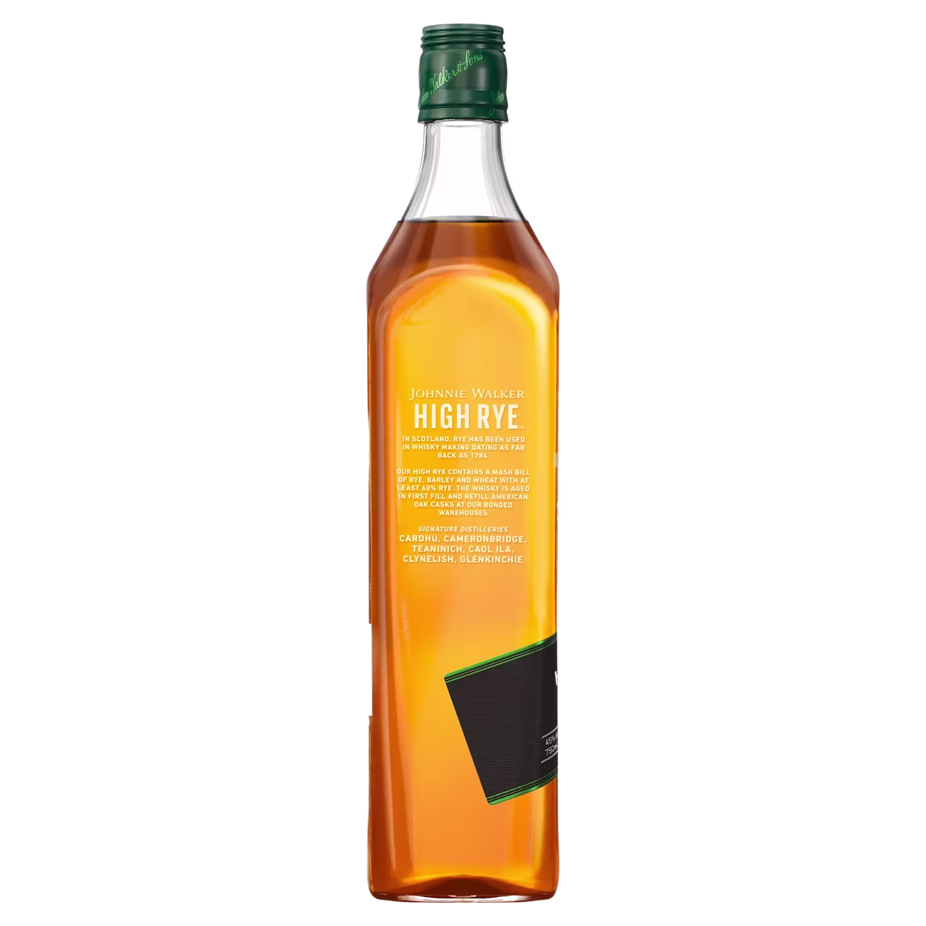 A bottle of Johnnie Walker High Rye blended Scotch whisky with a green cap and a label detailing the product on the front.
