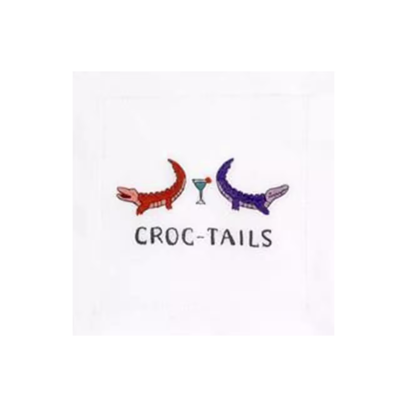 Two cartoon crocodiles face each other with a cocktail glass between them. Text below reads CROC-TAILS.