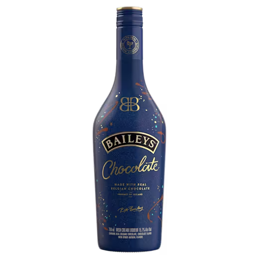 A blue bottle of Baileys Chocolate liqueur with gold and brown label detailing, featuring text about Belgian chocolate and the signature of R.A. Bailey.
