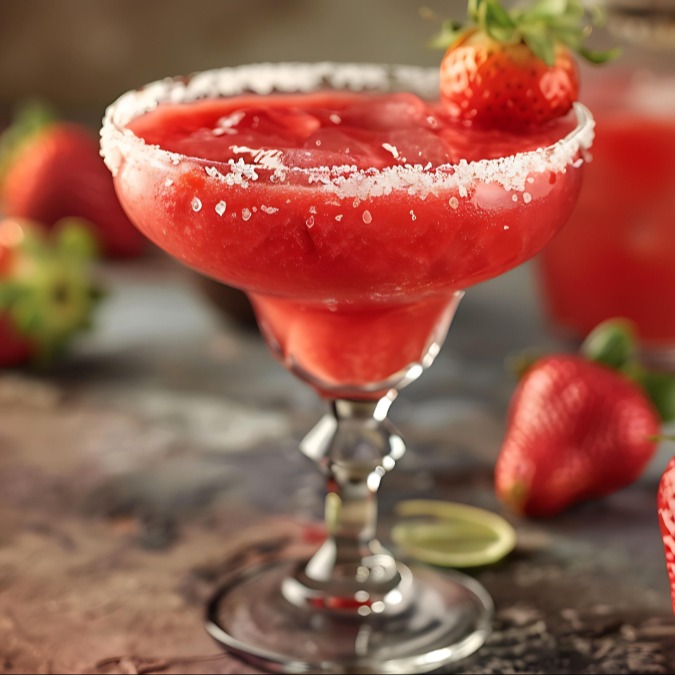 A strawberry daiquiri with a sugar rim and sliced strawberry garnish.