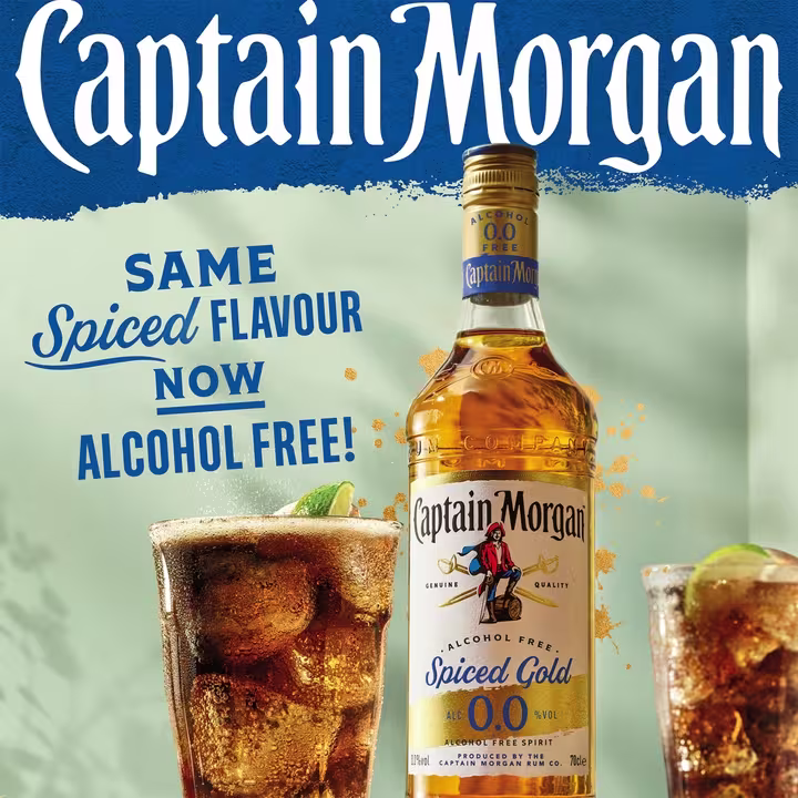 Captain Morgan Spiced Gold 0.0 with glass and writing: "same spice flavour now alcohol free"