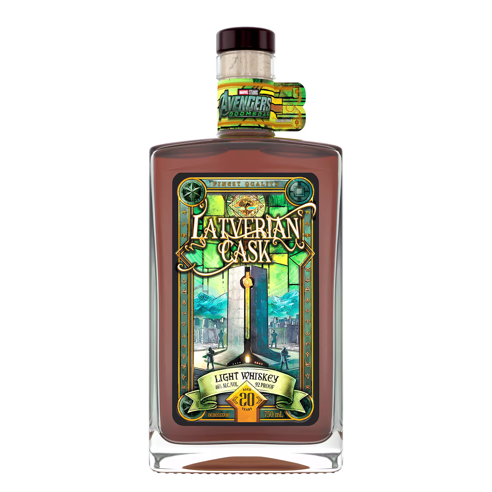 Front-facing bottle of Orphan Barrel Latverian Cask Light Whiskey (750 mL) with amber liquid, a black cap, and a detailed green-and-gold fantasy-inspired label featuring a cityscape and monument. Neck label displays Marvel Studios Avengers: Doomsday branding.