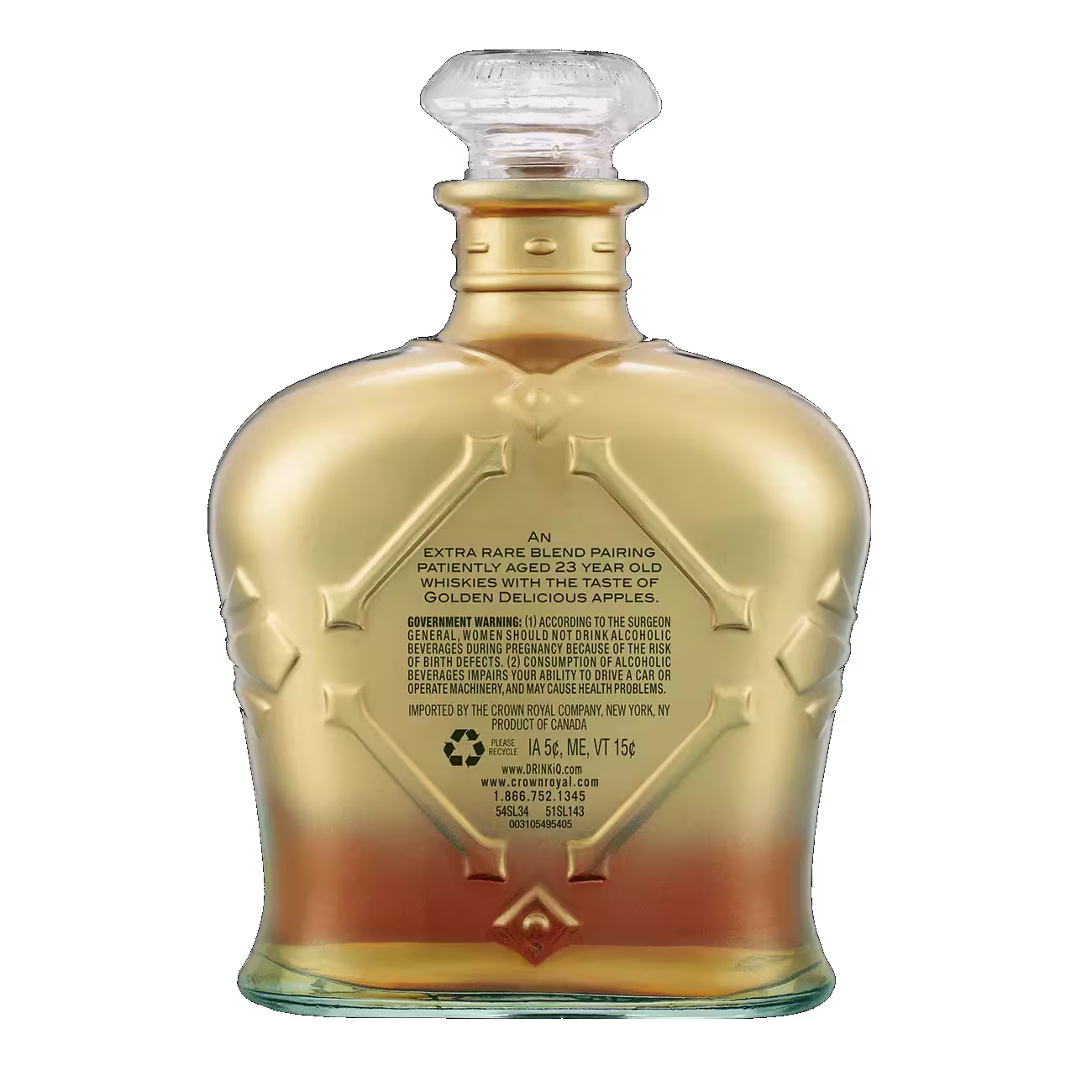 A golden, ornate bottle of Crown Royal XR Canadian whisky with a clear stopper, featuring product details printed on the back of the bottle.