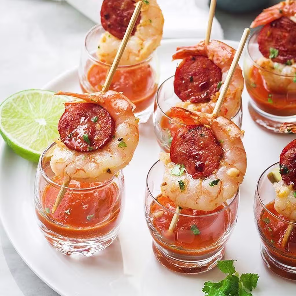 Shrimp and sausage skewers served in shot glasses filled with cocktail sauce, garnished with fresh herbs, on a white plate with a lime wedge.
