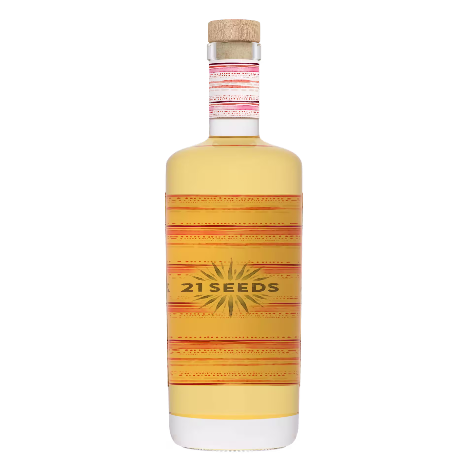 A clear glass bottle of 21 Seeds tequila with an orange and yellow label, wooden cap, and the brand name displayed on the front.