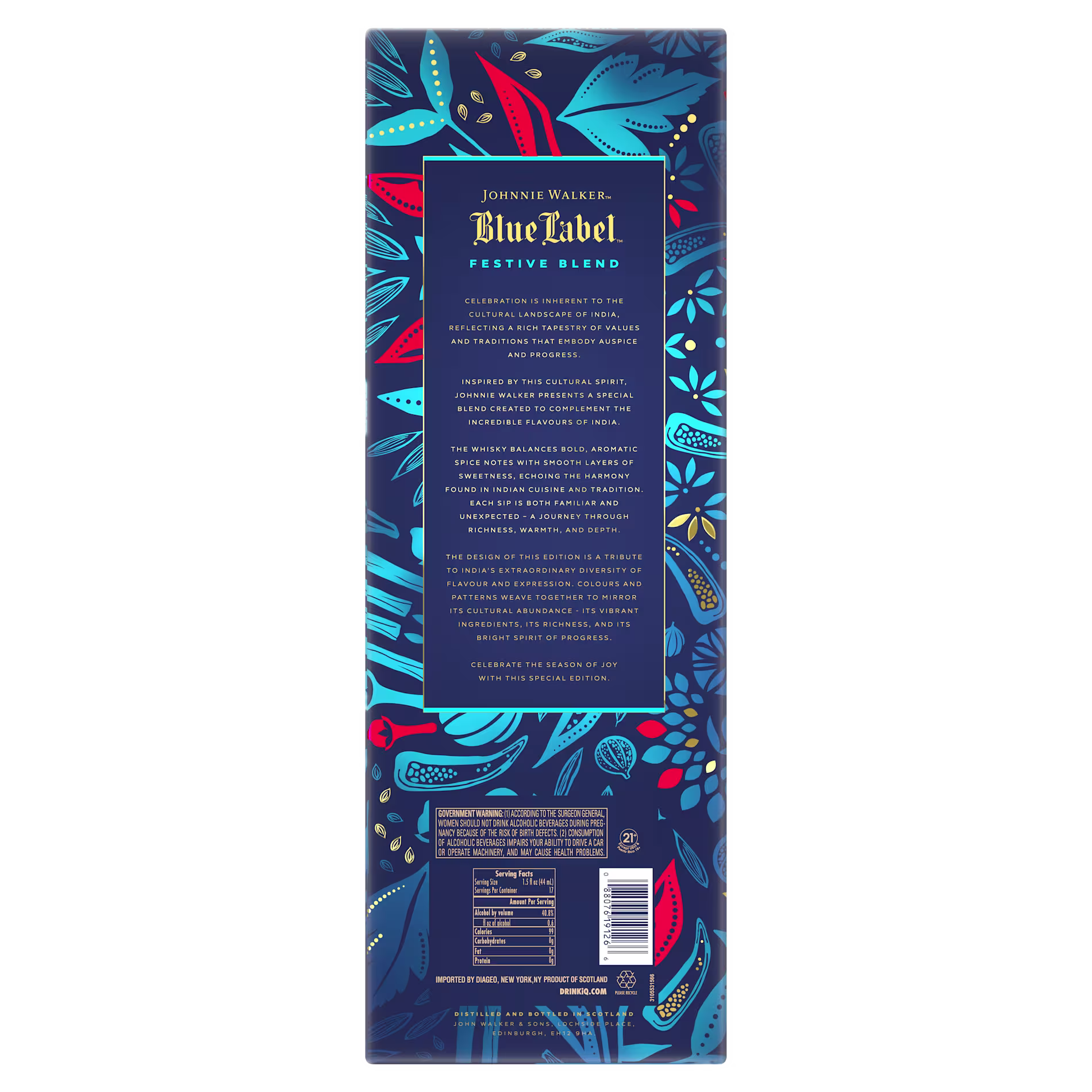 Back view of the Johnnie Walker Blue Label Festive Blend gift carton, featuring vibrant blue, red, and gold botanical artwork. A central panel displays product story and branding, with barcode, nutrition information, and government warning text near the bottom.