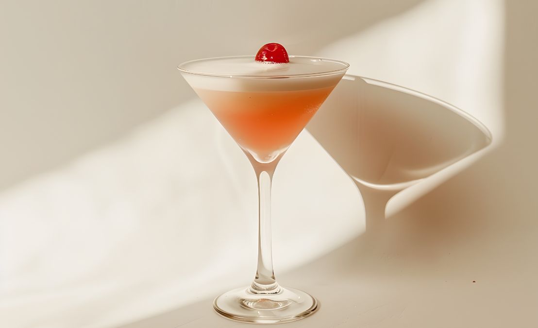 A cocktail in a martini glass with a frothy top and a red cherry garnish, placed on a white surface with soft lighting and shadow.