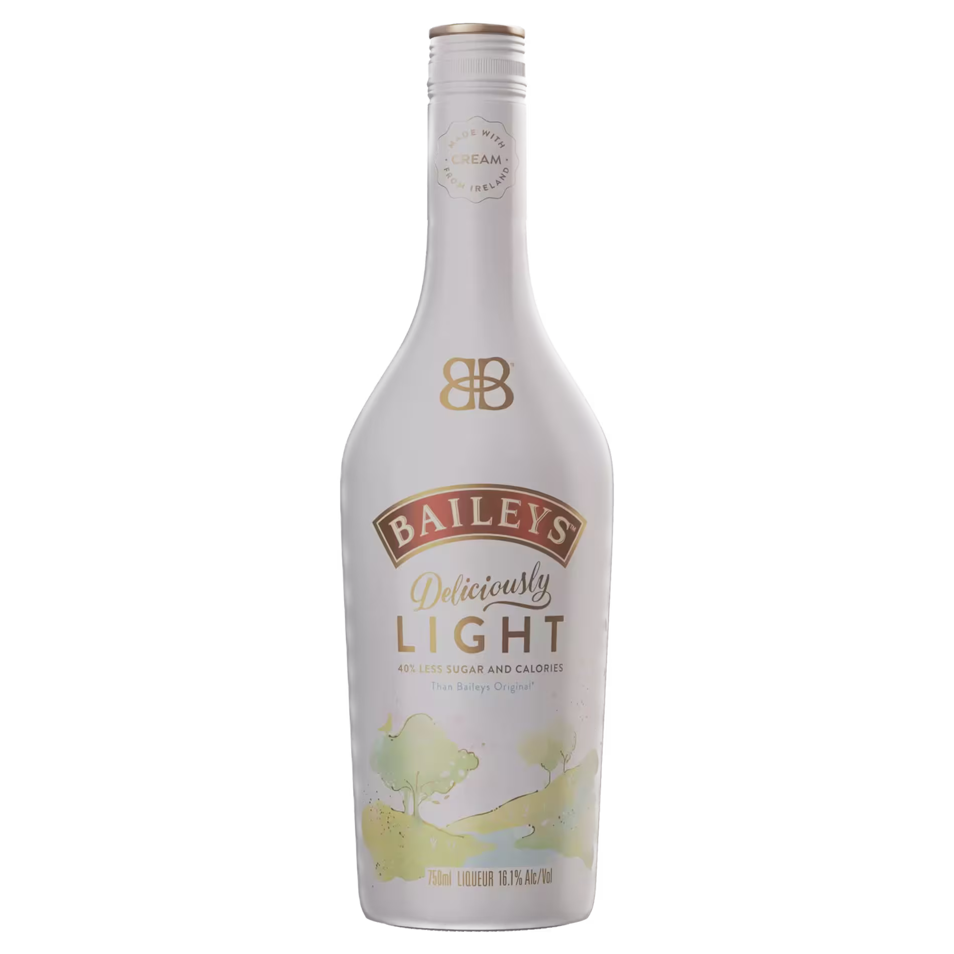 A bottle of Baileys Deliciously Light, featuring cream liqueur branding and a label highlighting lower sugar and calories compared to the original.