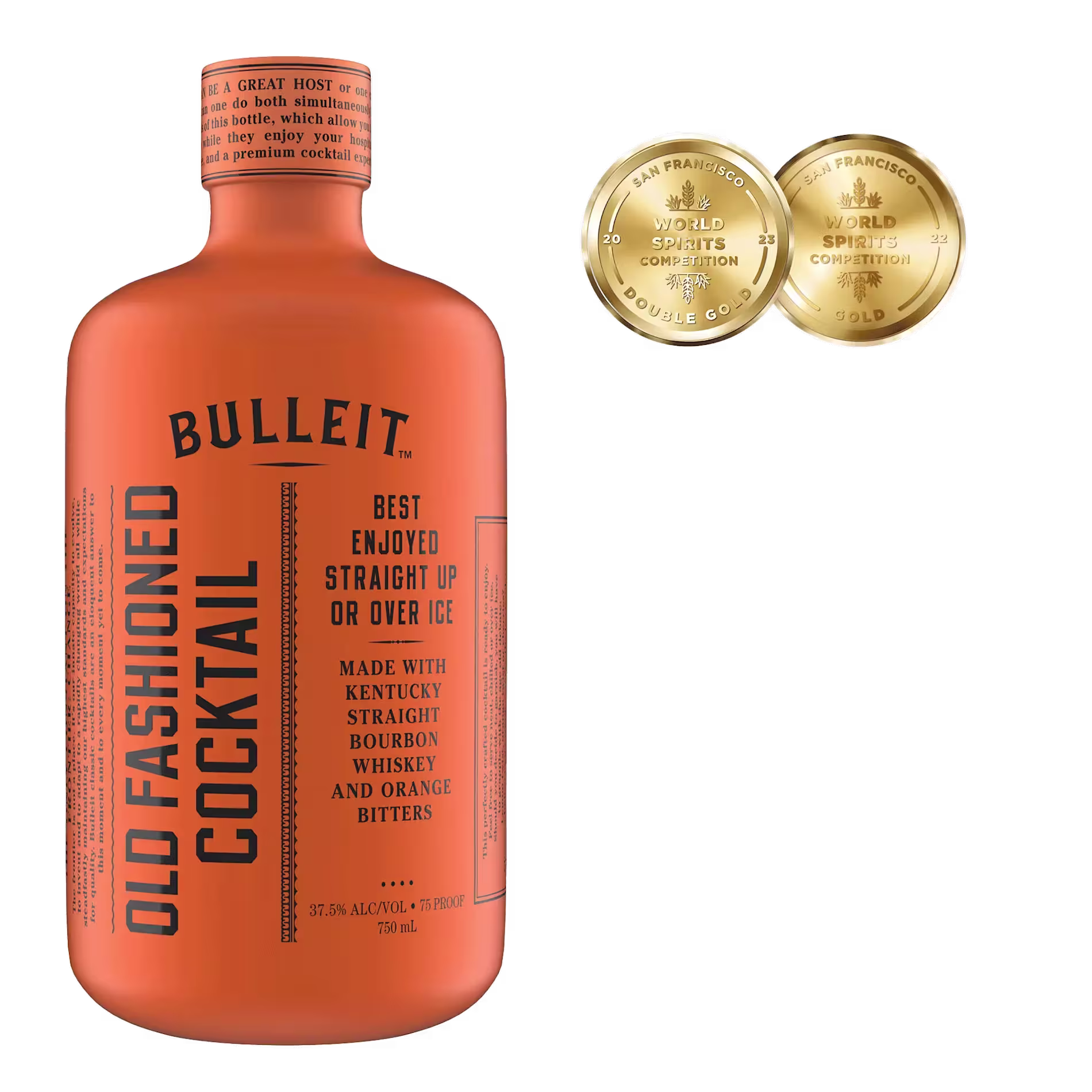 An orange bottle of Bulleit Old Fashioned Cocktail is shown next to two gold medals from the San Francisco World Spirits Competition.