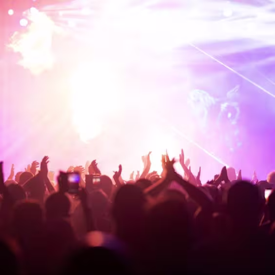 en la imagen se ve un grupo de gente bailando en una discoteca. Luces alrededor en tonos violetas.