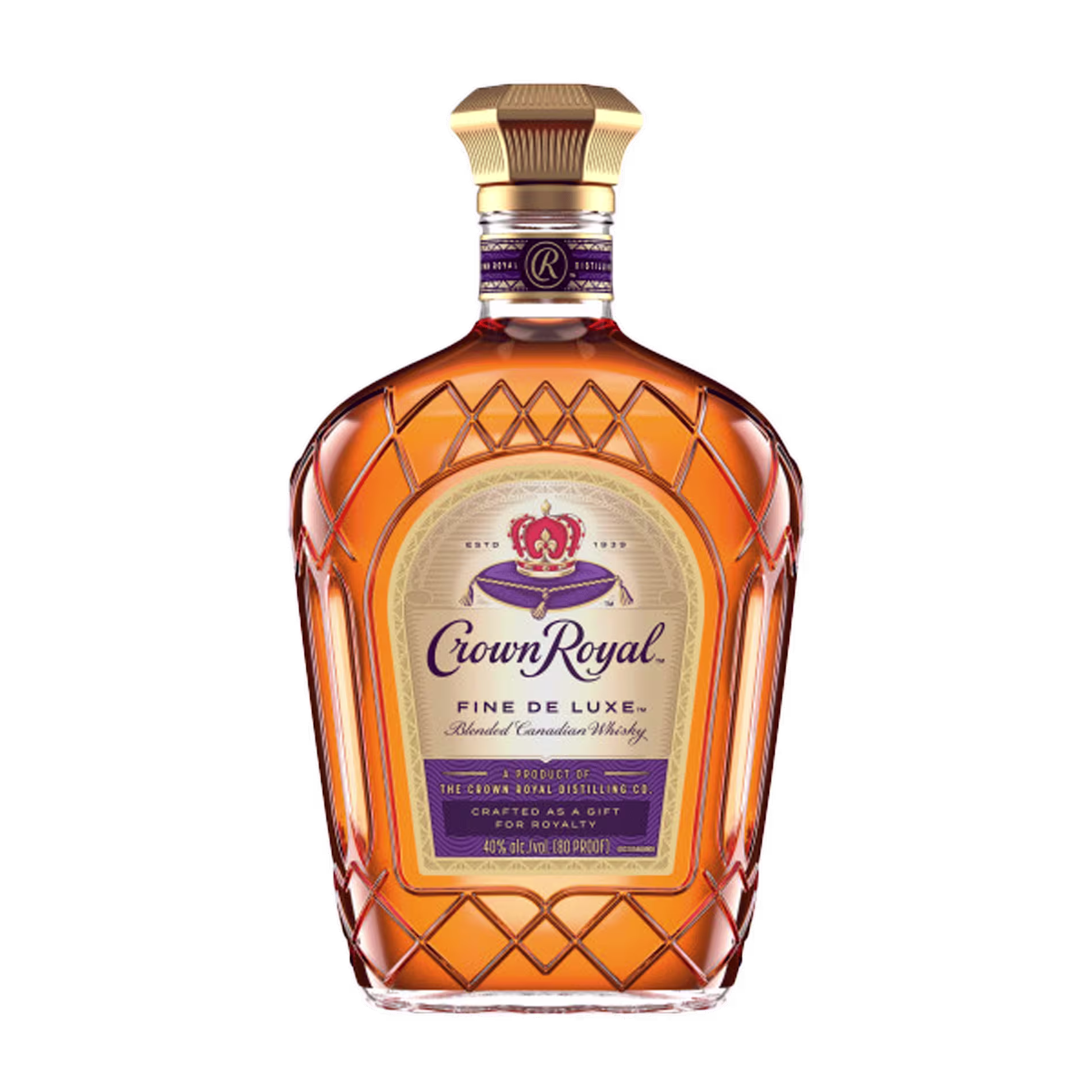 A bottle of Crown Royal Fine De Luxe blended Canadian whisky with a gold cap and a purple and gold label.