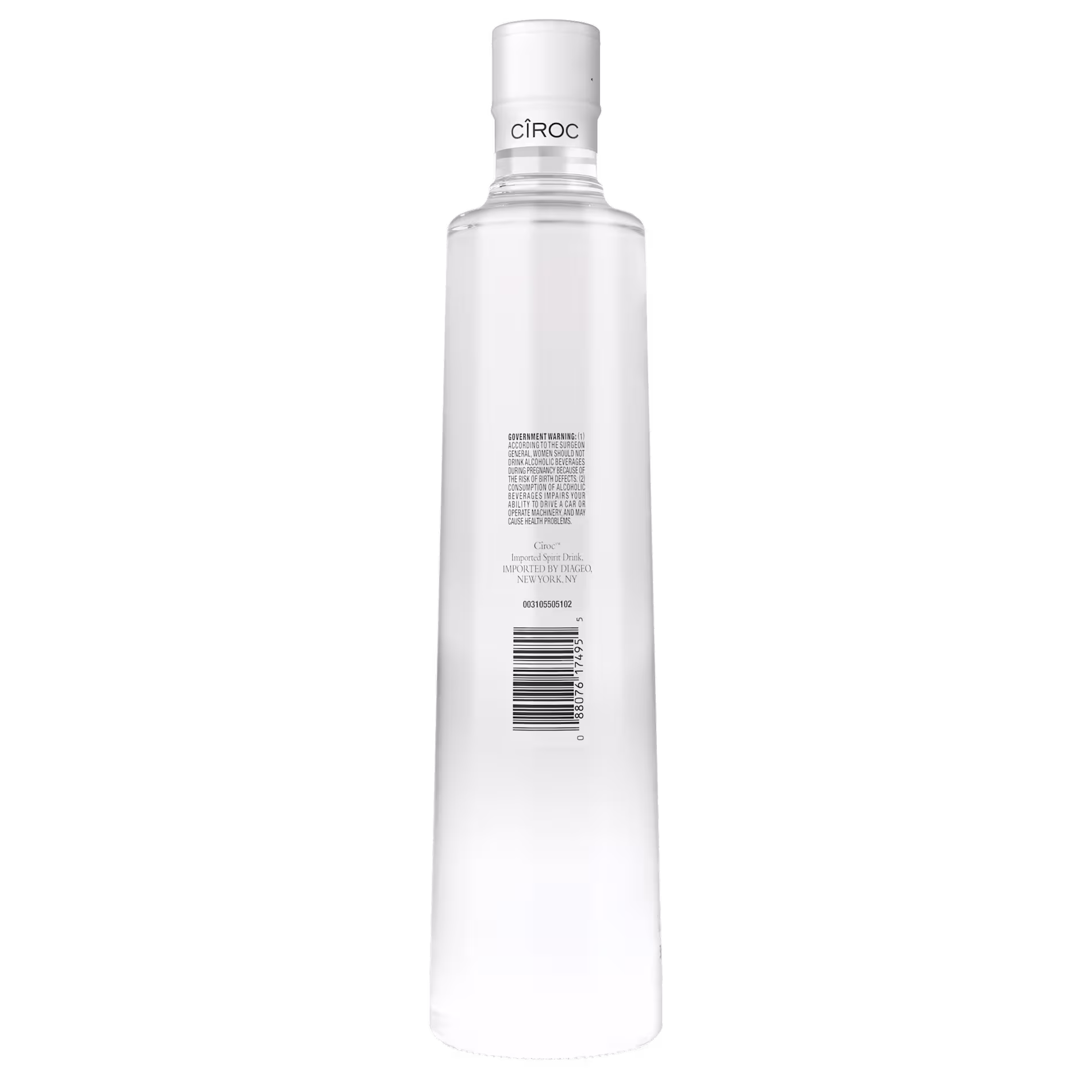 Tall, clear bottle of Cîroc vodka with a white label, barcode, and product information visible on the back side. The bottle is set against a plain white background.