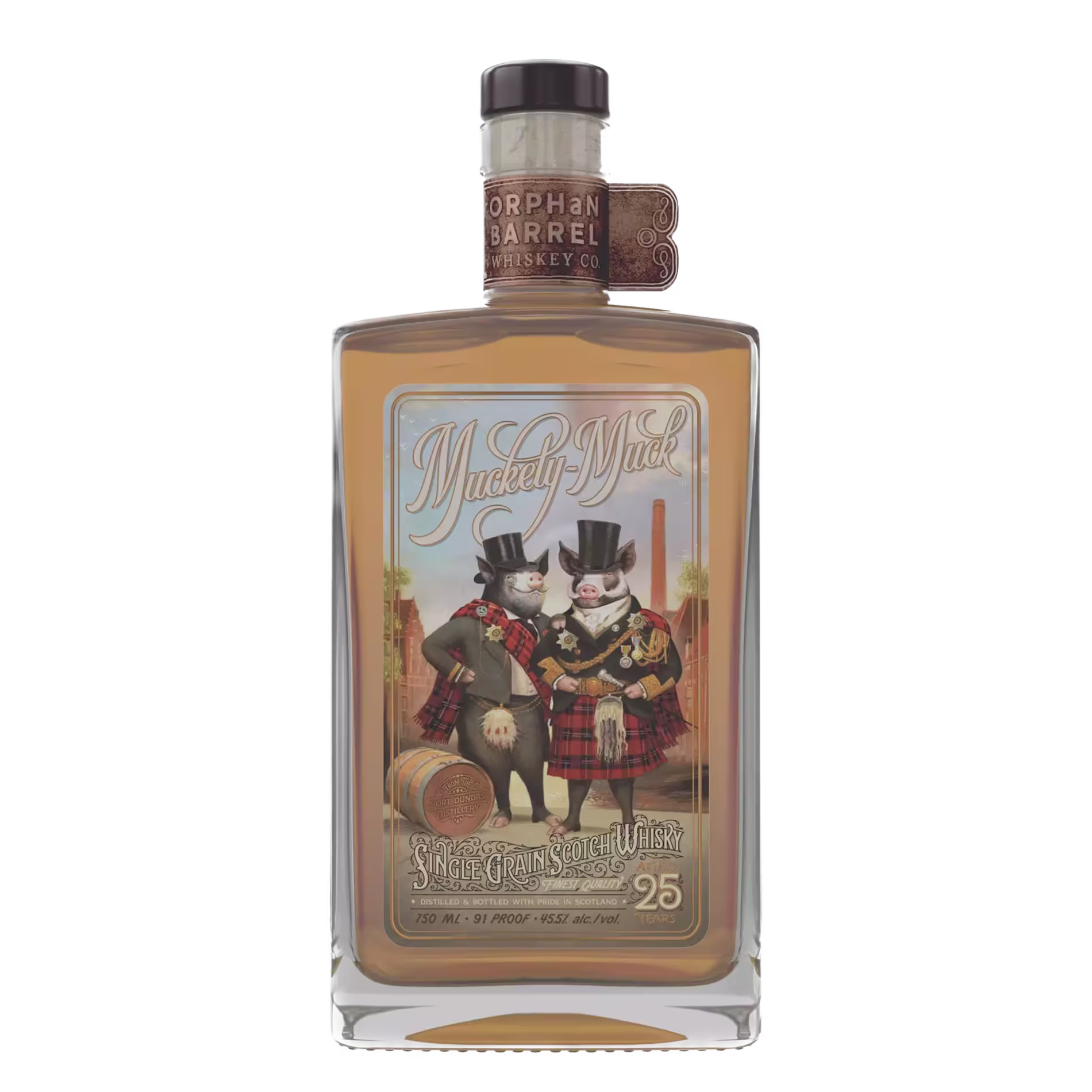 A bottle of Orphan Barrel whisky labeled Muckety-Muck 25, featuring an illustrated design of two pigs in top hats and kilts on the front.