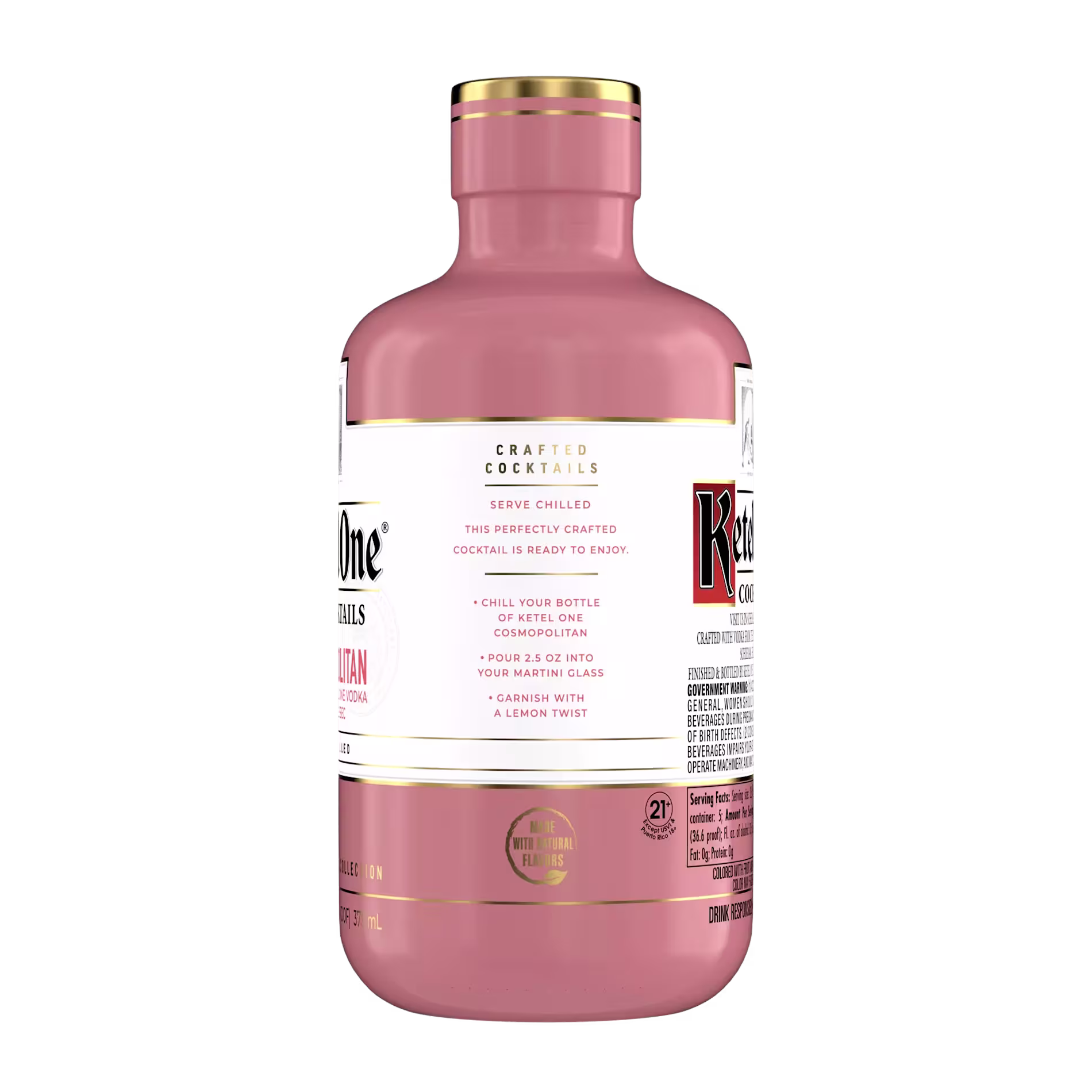 A pink bottle of Ketel One Botanicals Crafted Cocktails, displaying the label with serving instructions and gold accents on the neck and cap.