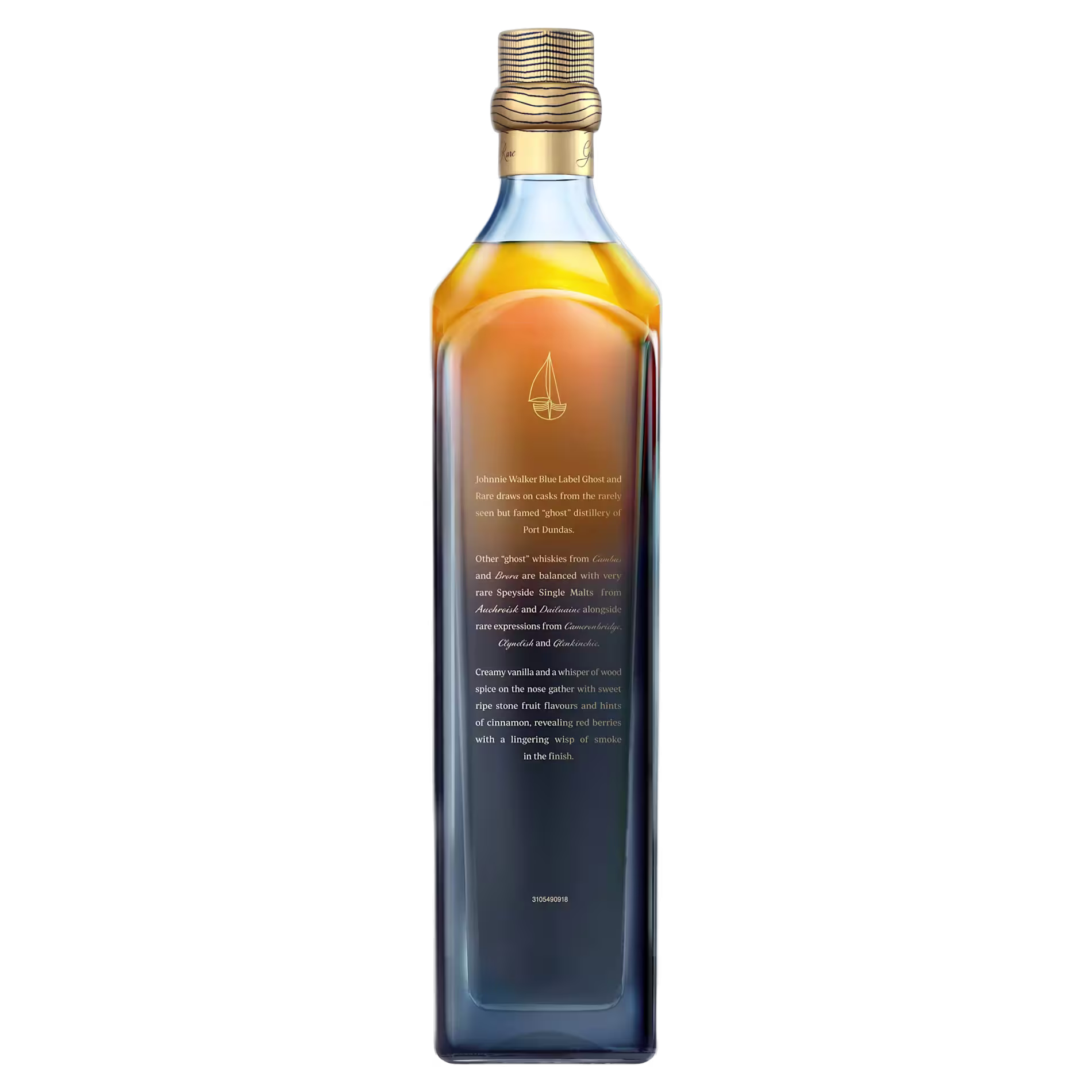 A bottle of Johnnie Walker Blue Label blended Scotch whisky with a gold cap and text describing the product on the front.