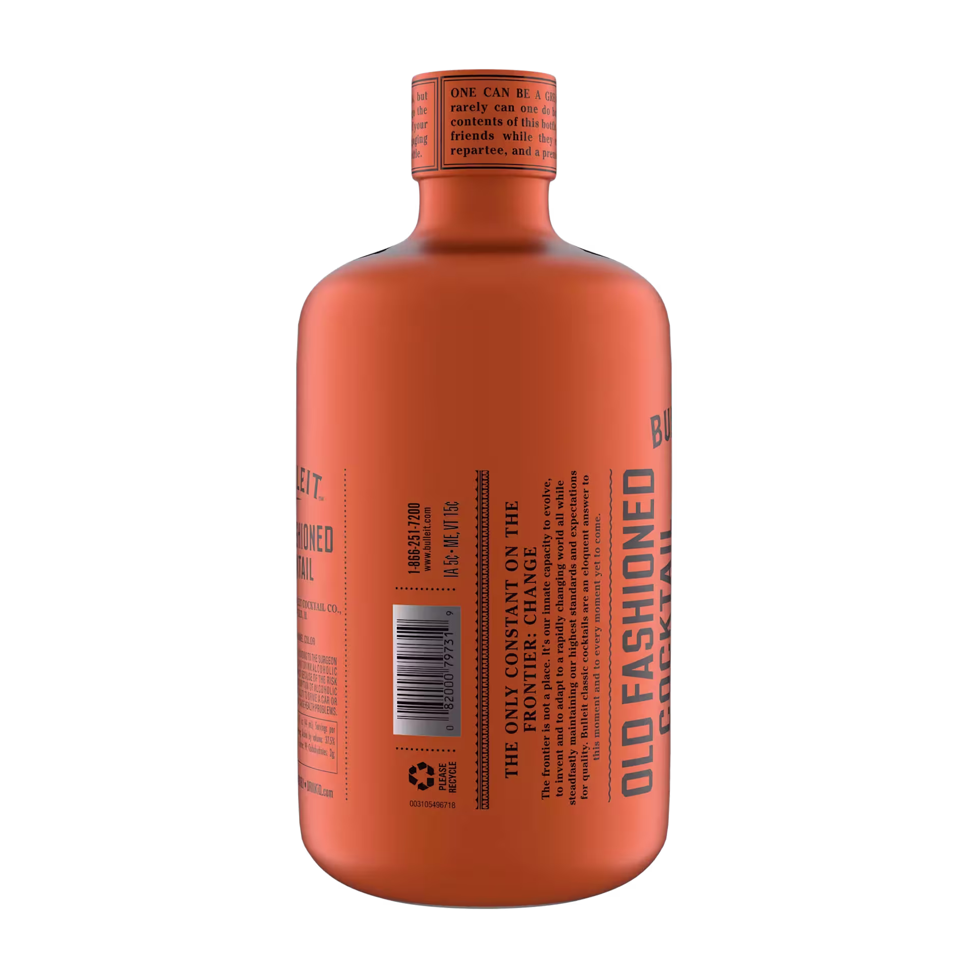 An orange bottle labeled Old Fashioned Cocktail with black text, a barcode, and recycling symbol on the back, shown against a black background.