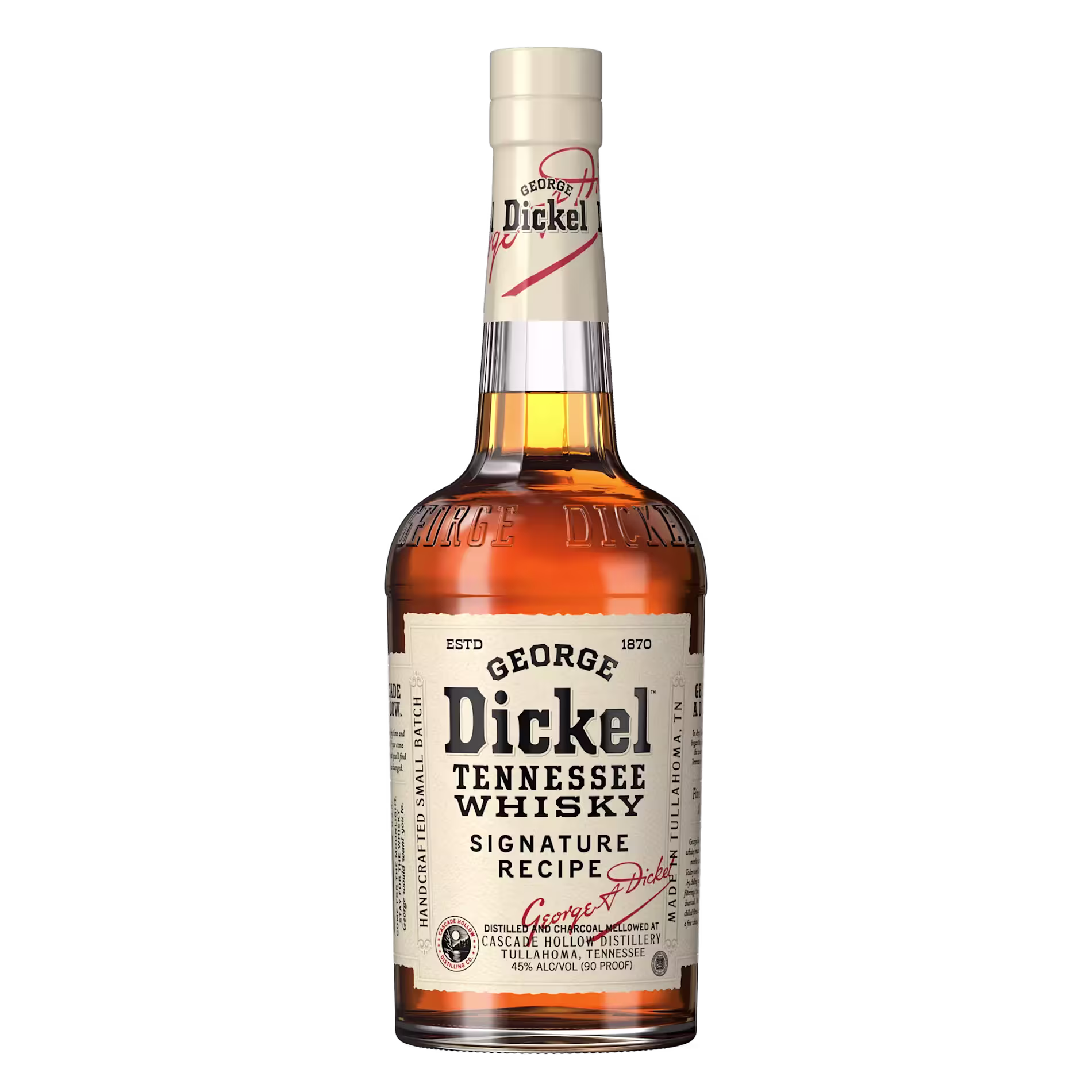 A bottle of George Dickel Tennessee Whisky Signature Recipe with a white label and red accents, displayed against a black background.