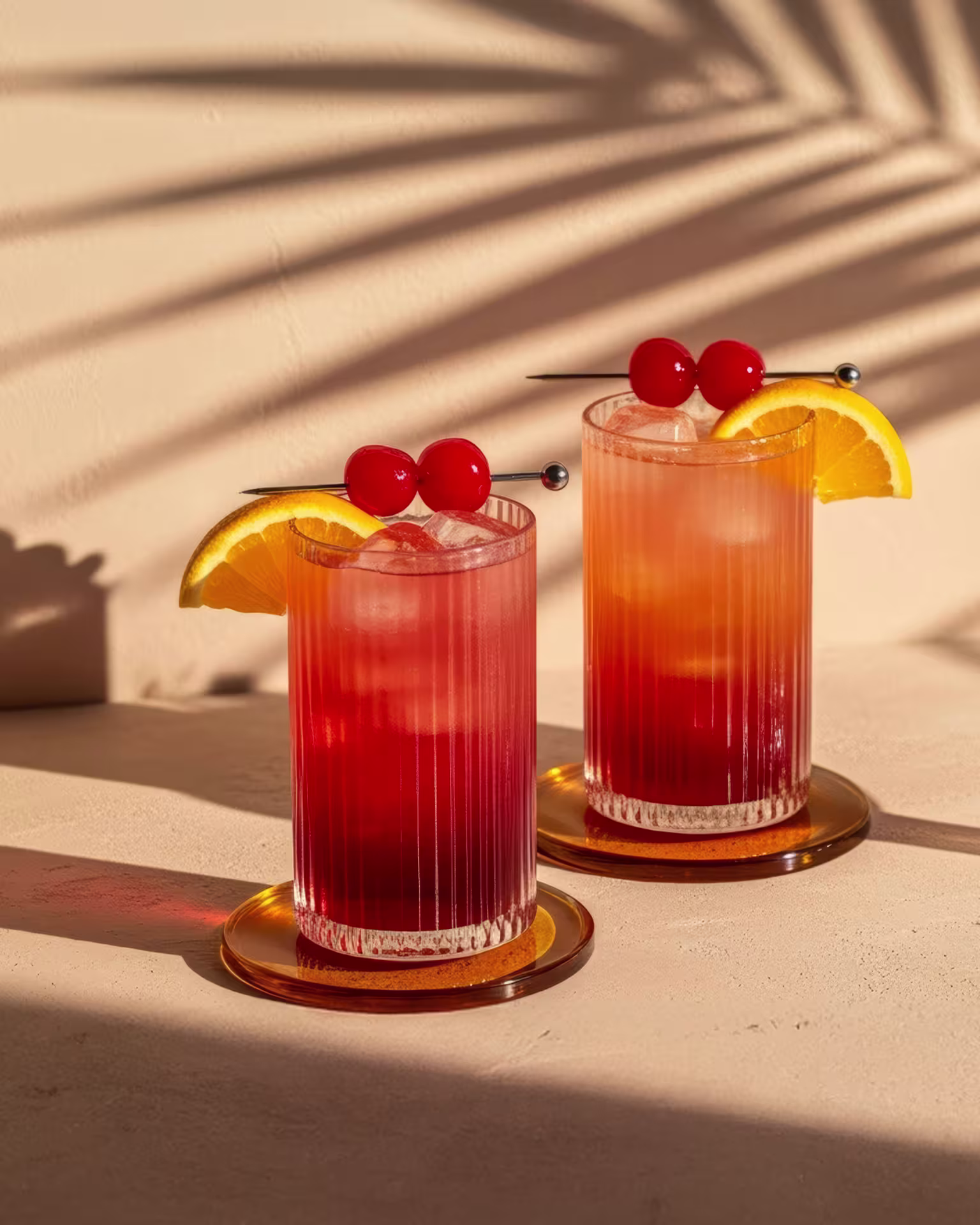 Two Sex on the Beach cocktails in highball glasses with orange and cherry garnishes