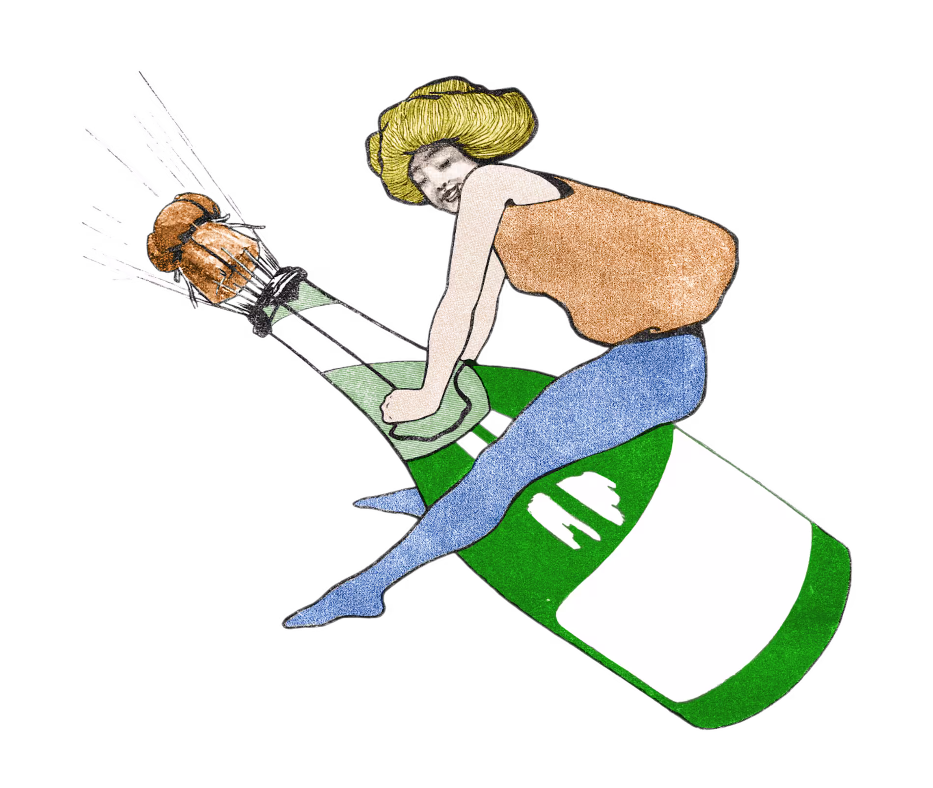 A woman in colorful clothing sits atop a large, green champagne bottle as its cork pops, spraying liquid.