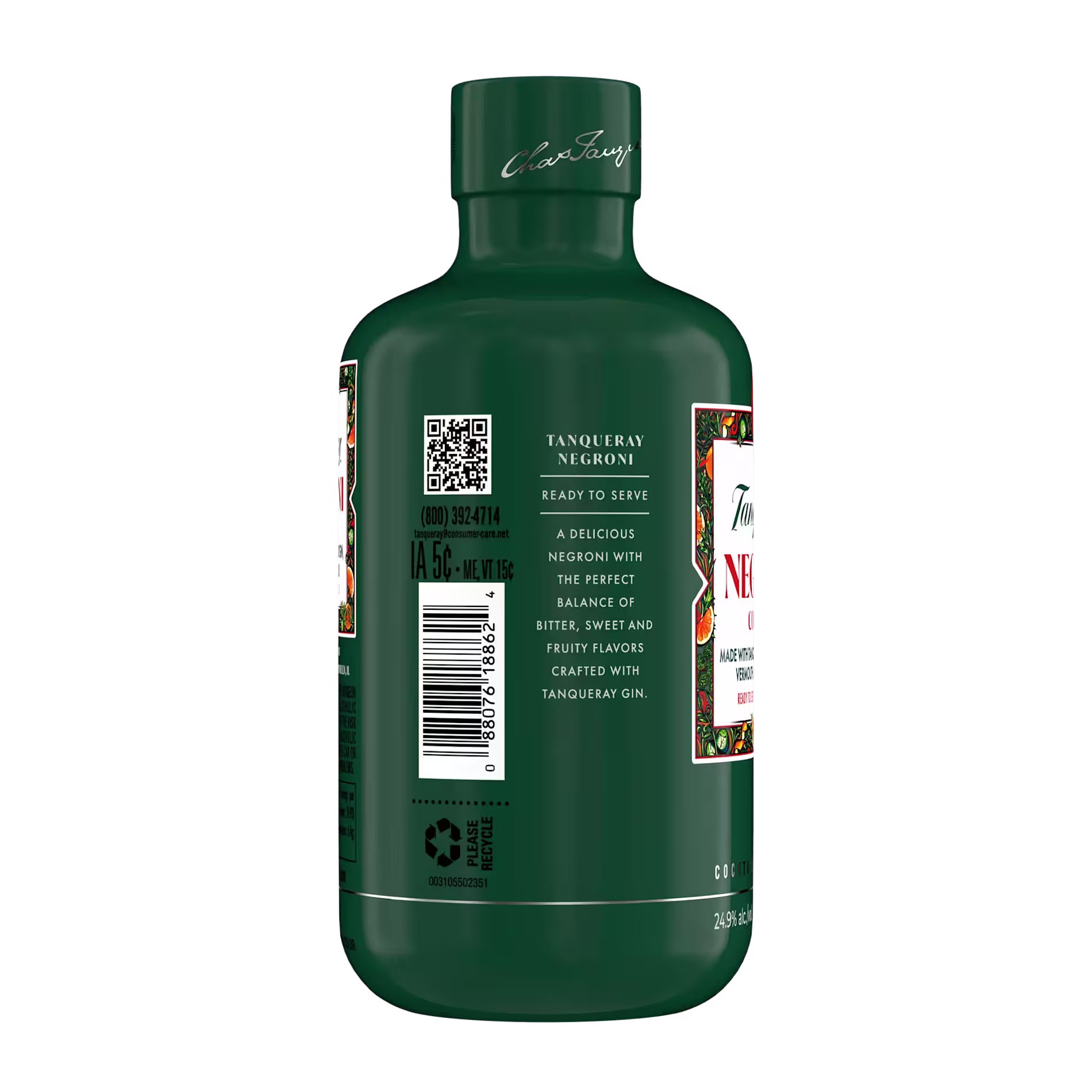 A dark green bottle of Tanqueray Negroni with product label, QR code, barcode, and product description visible on the side.