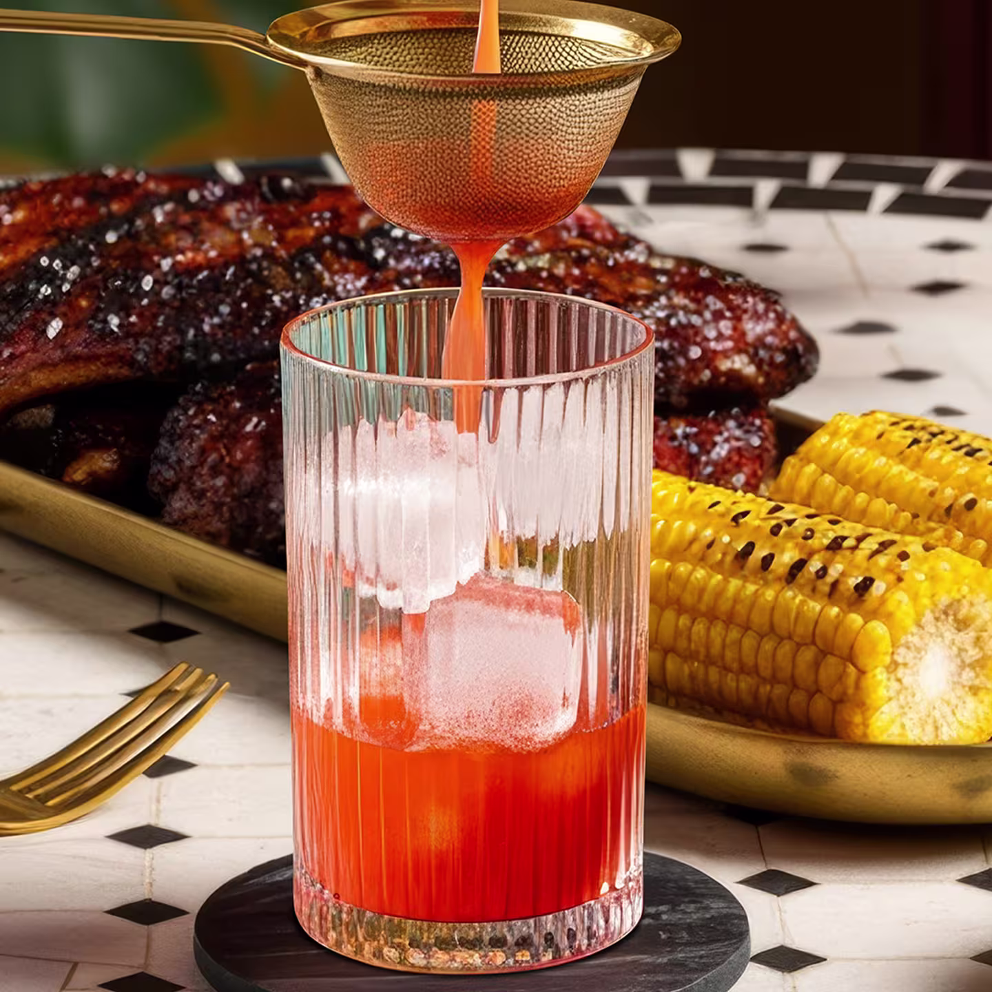 Strecurați un Zombie dintr-un shaker de cocktail într-un pahar highball plin cu gheață