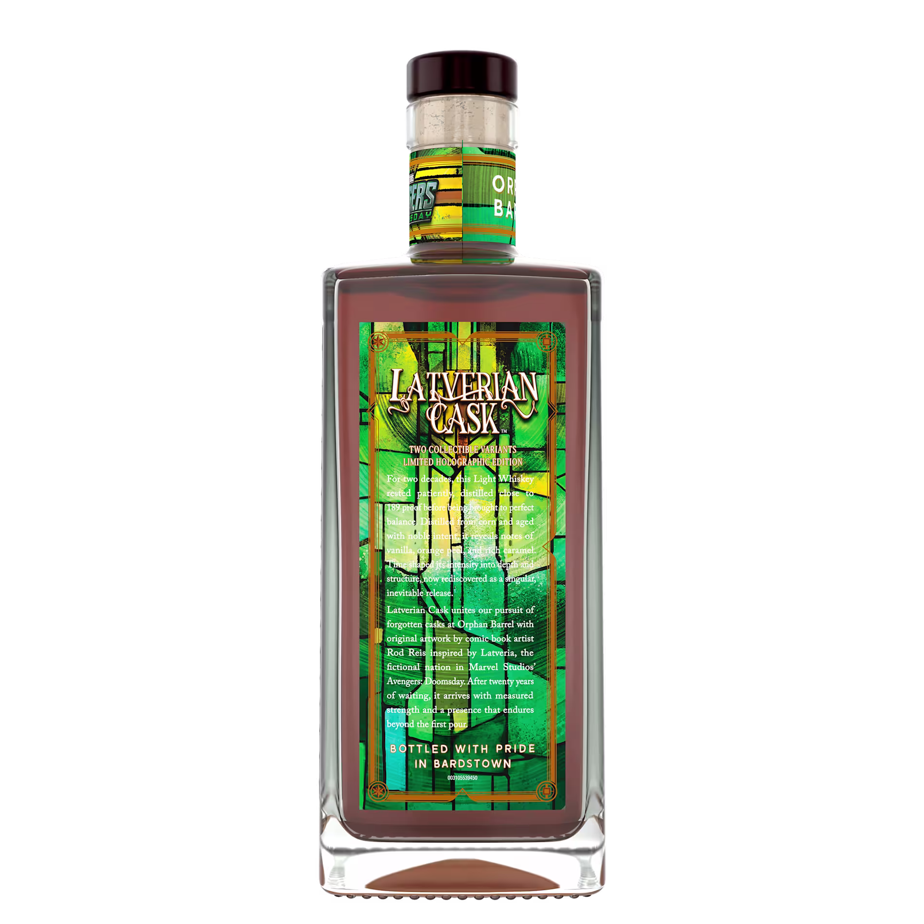 A rectangular glass bottle of Latverian Cask whiskey featuring a green and gold label with comic-book style illustrations and descriptive text.