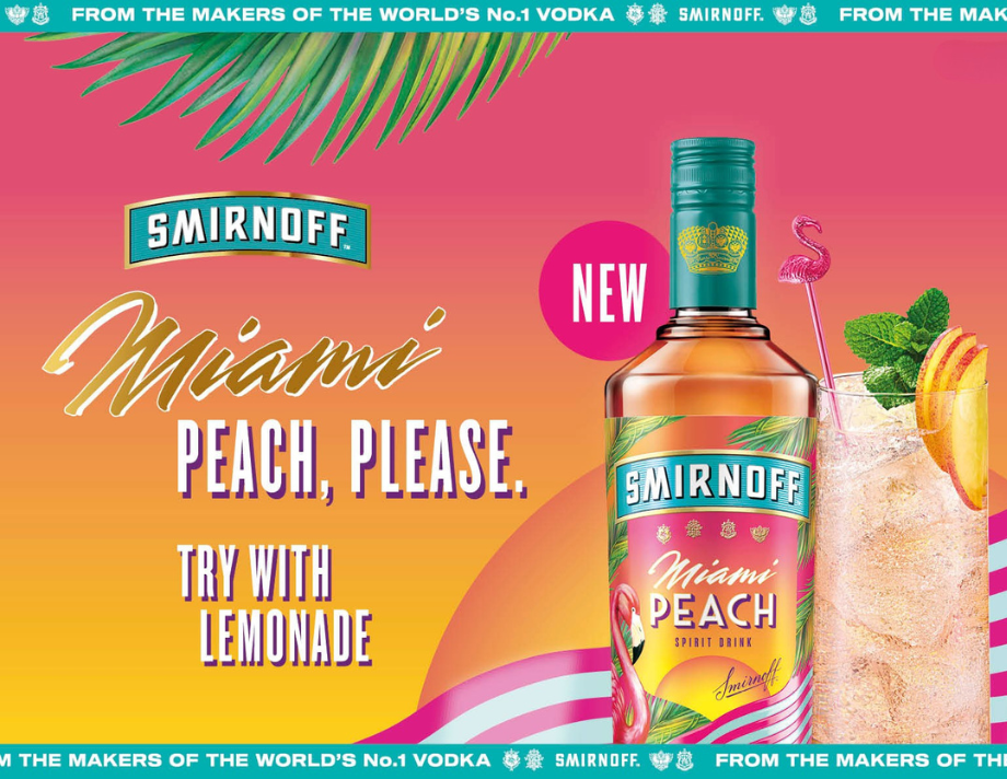 Smirnoff Miami Peach Bottle and Cocktail- "Try with Lemonade"