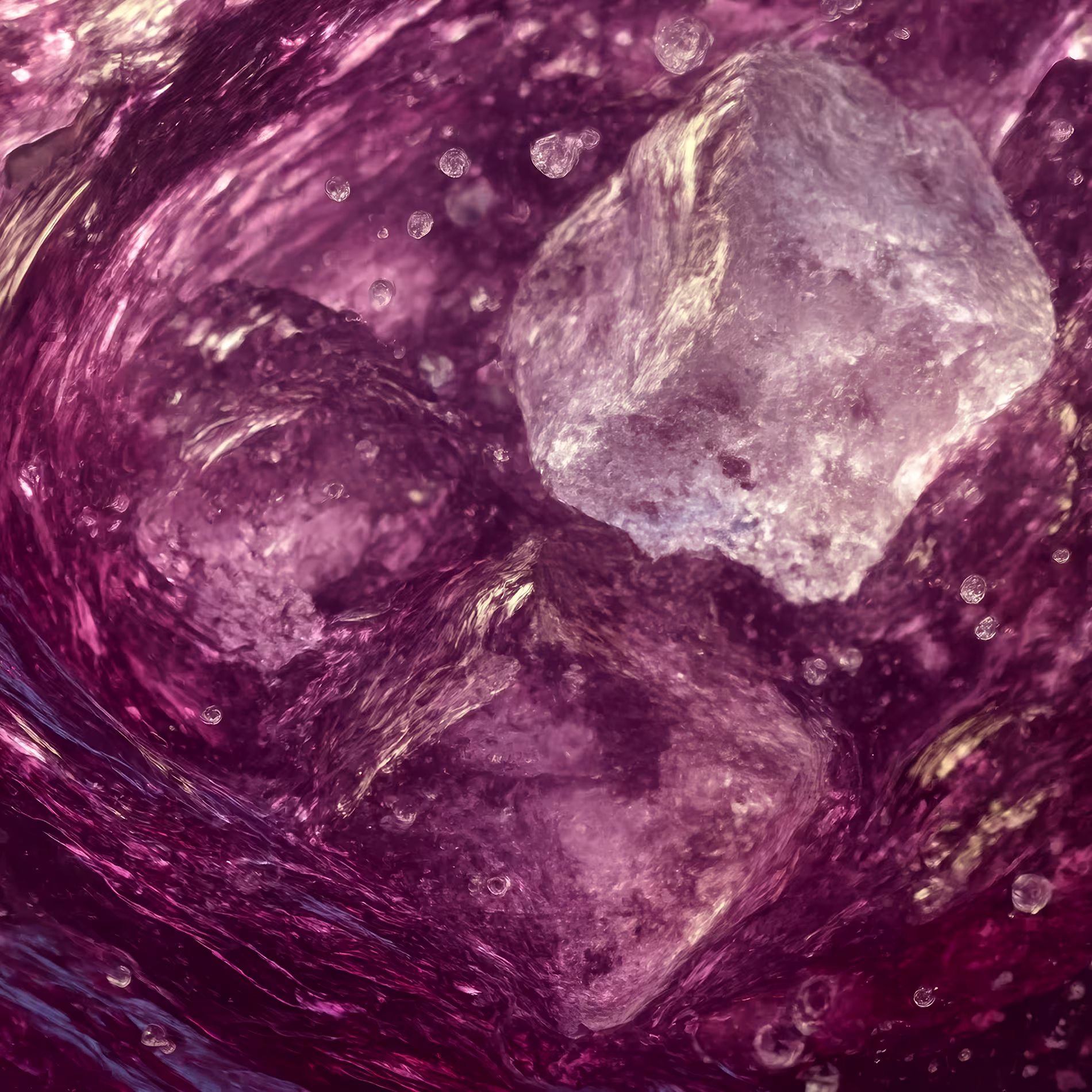 Lila folyadék kavarog a jégkockákkal.