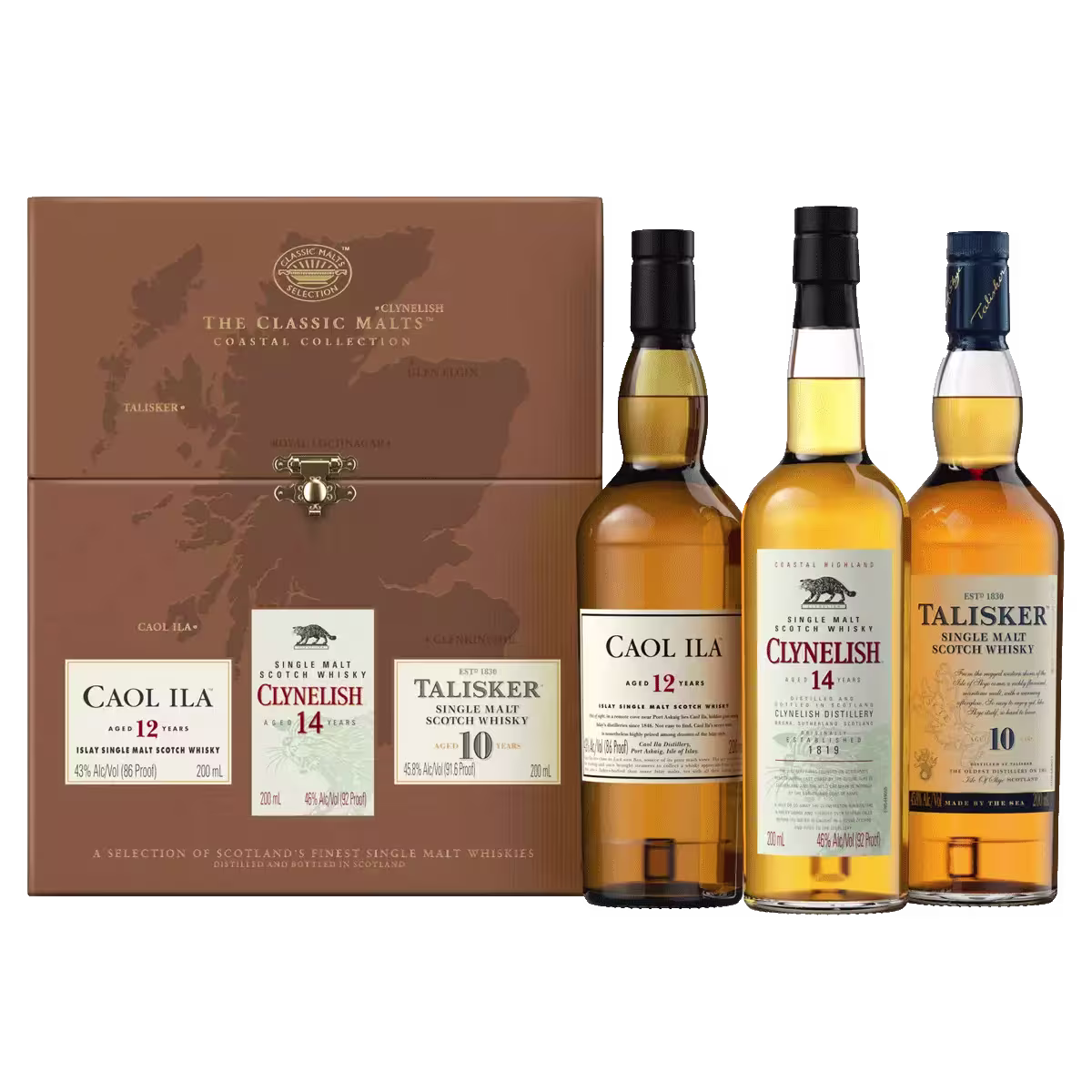 A boxed set of three bottles of Scotch whisky, labeled Caol Ila 12, Clynelish 14, and Talisker 10, with a brown box featuring a coastal map of Scotland in the background.