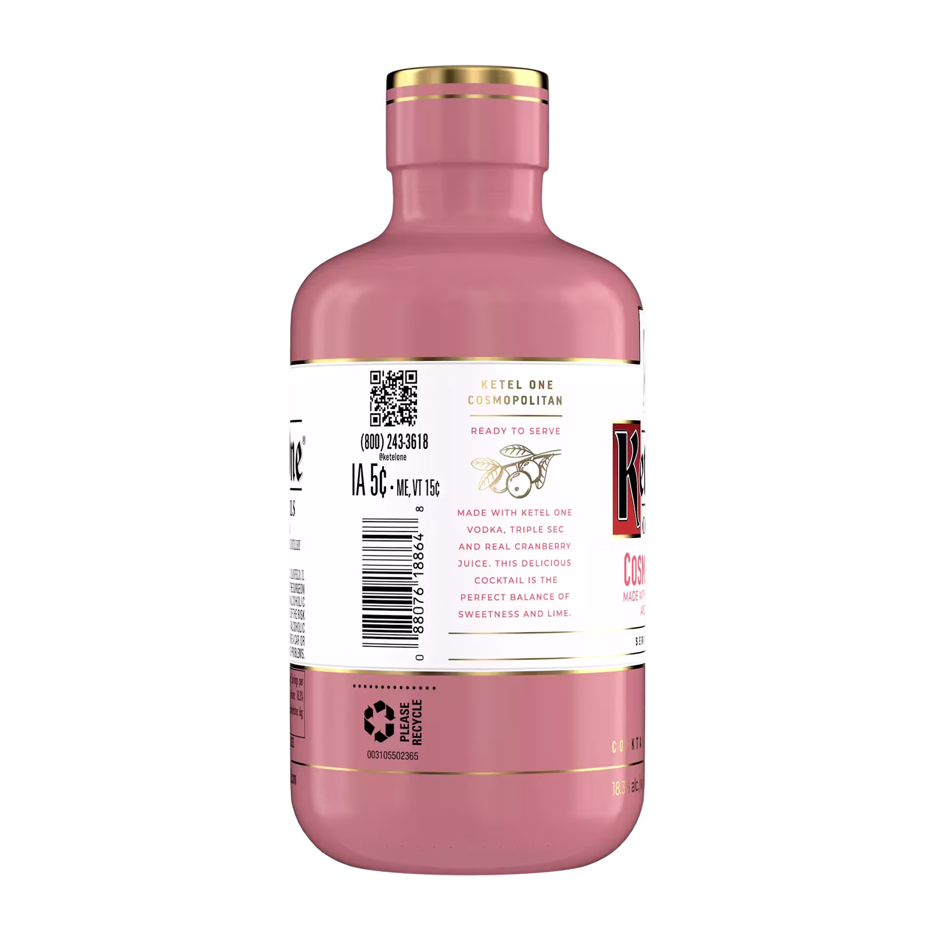 A pink bottle of Ketel One Cosmopolitan cocktail with a gold cap and a white label displaying product information and a barcode.