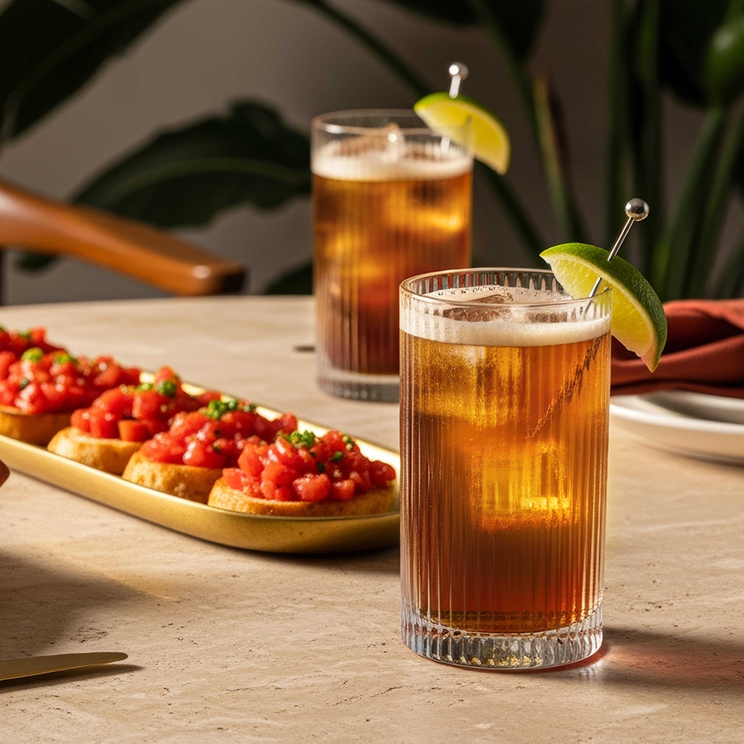 Two Dark and Stormy cocktails with lime wedge garnishes on a table next to a plate of tomato bruschetta.