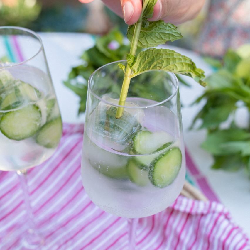 Gin and tonic with cucumber garnish