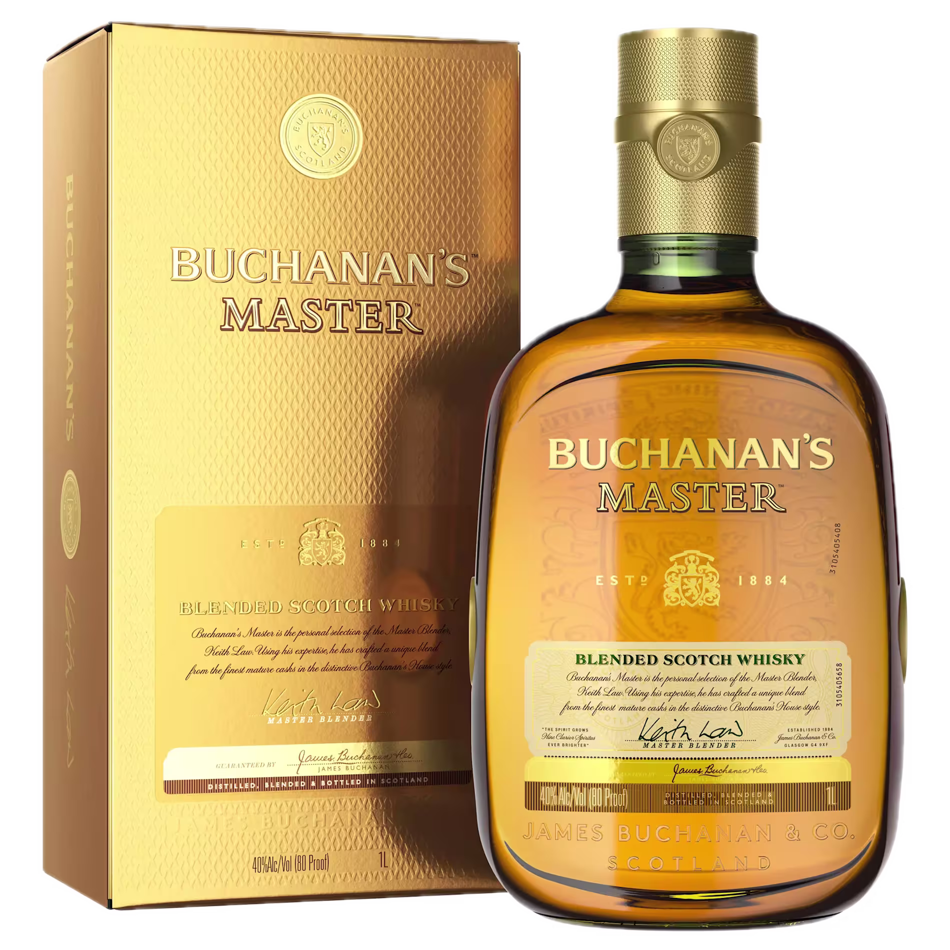 A bottle of Buchanans Master Blended Scotch Whisky is shown next to its gold packaging box.