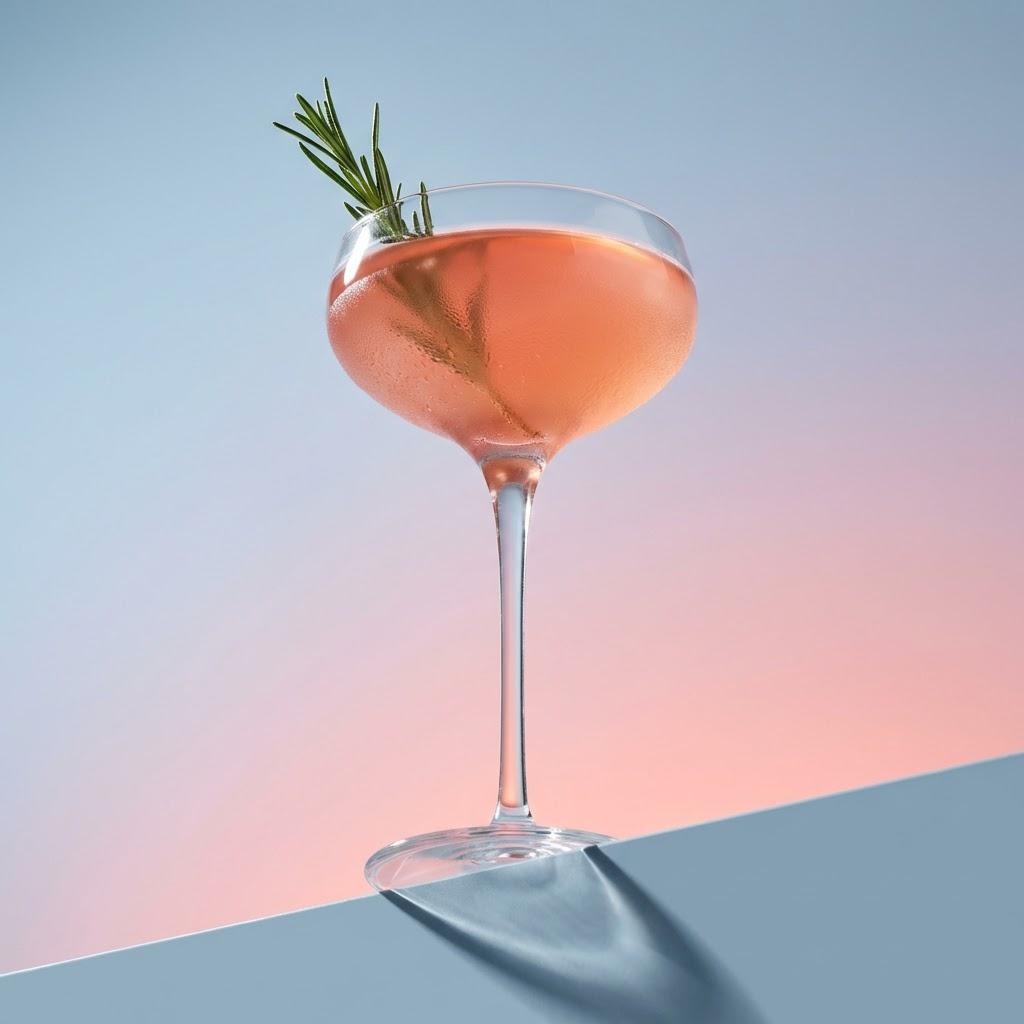 A light pink cocktail in a coupe glass with a rosemary sprig garnish, seen from below the cocktail