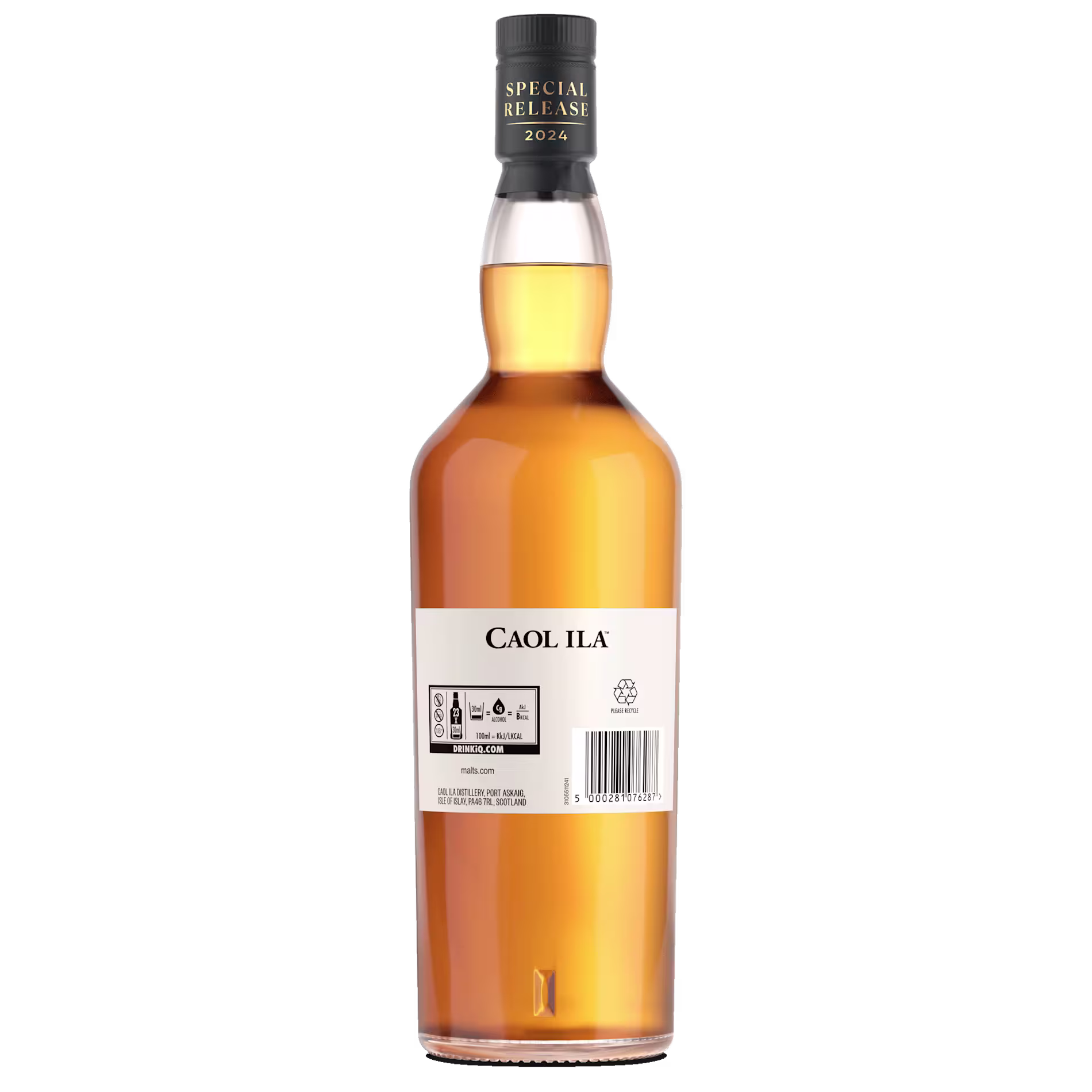 A bottle of Caol Ila whisky labeled Special Release 2024 with a barcode and safety symbols visible on the back label.